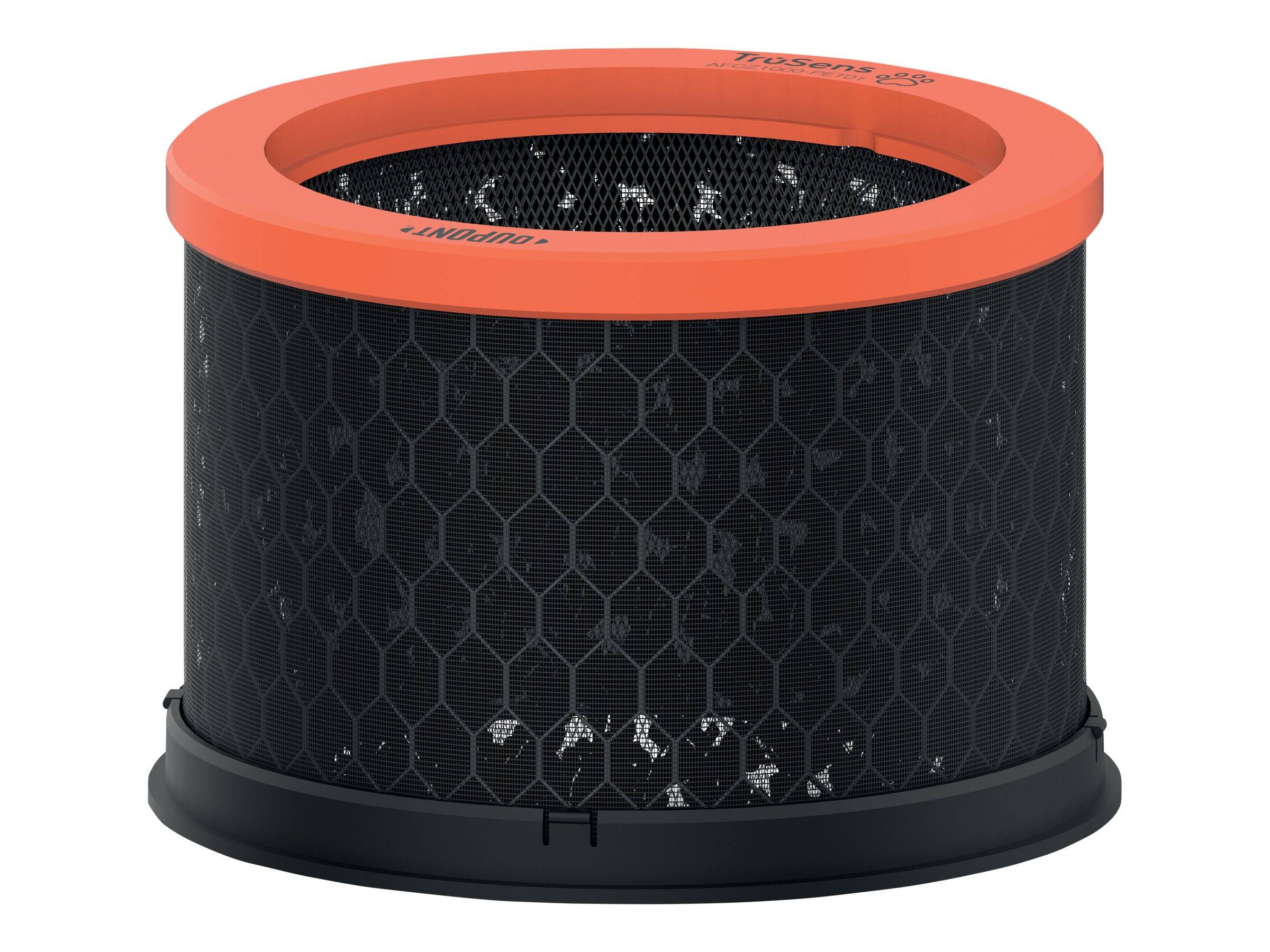 Zylindrischer Luftfilterpatrone mit schwarzem Netzgewebe und orangem Oberring auf weißem Hintergrund.
