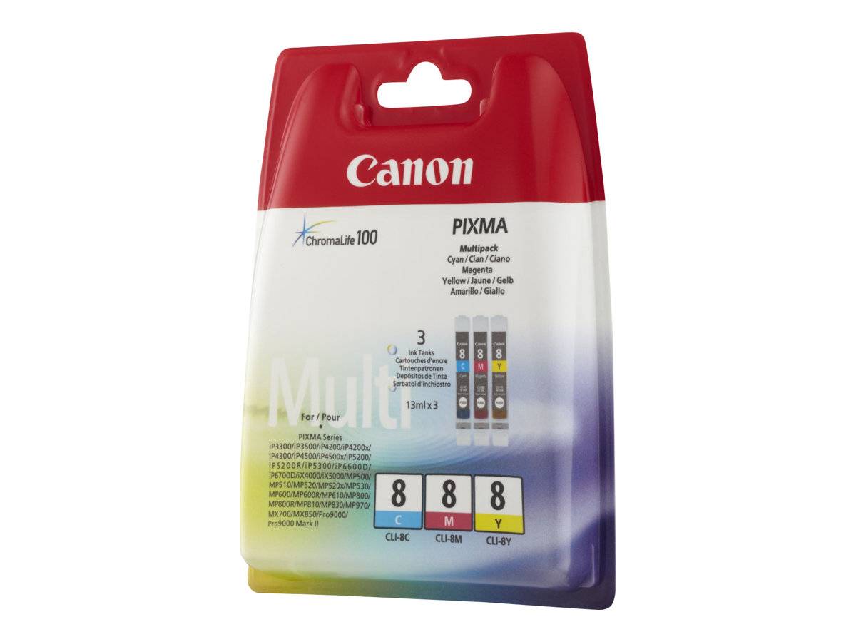 Canon PIXMA ChromaLife 100 Mehrfarbig-Tintenpatronen-Set für Cyan-, Magenta- und Gelb-Drucker, von vorne auf weißem Hintergrund abgebildet.