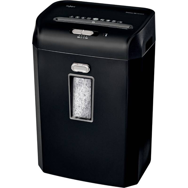 Ein schwarzer Aktenvernichter mit einem silbernen Griff an seiner Vorderseite. Das transparente Fenster zeigt zerrissenes Papier im Inneren.