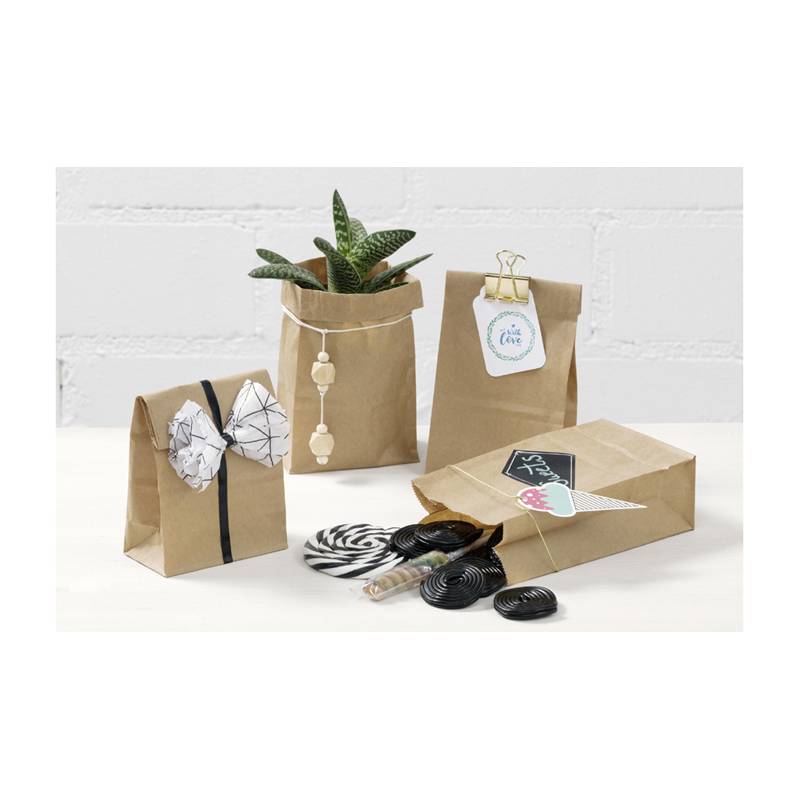 Vier braune Geschenktüten aus Papier: eine enthält eine Pflanze, andere sind mit Anhängern und Garn verziert, eine vierte ist offen, mit herausfallenden Süßigkeiten.