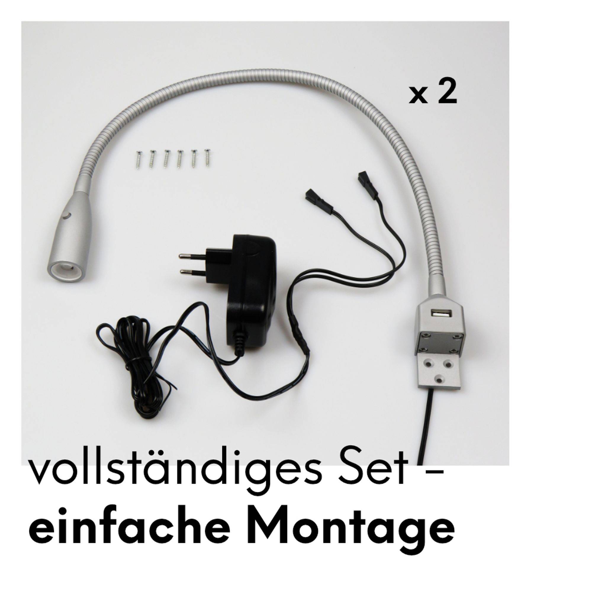 kalb | Flexible LED Bettleuchte silbergrau warmweiß Leseleuchte mit integrierter USB Ladefunktion