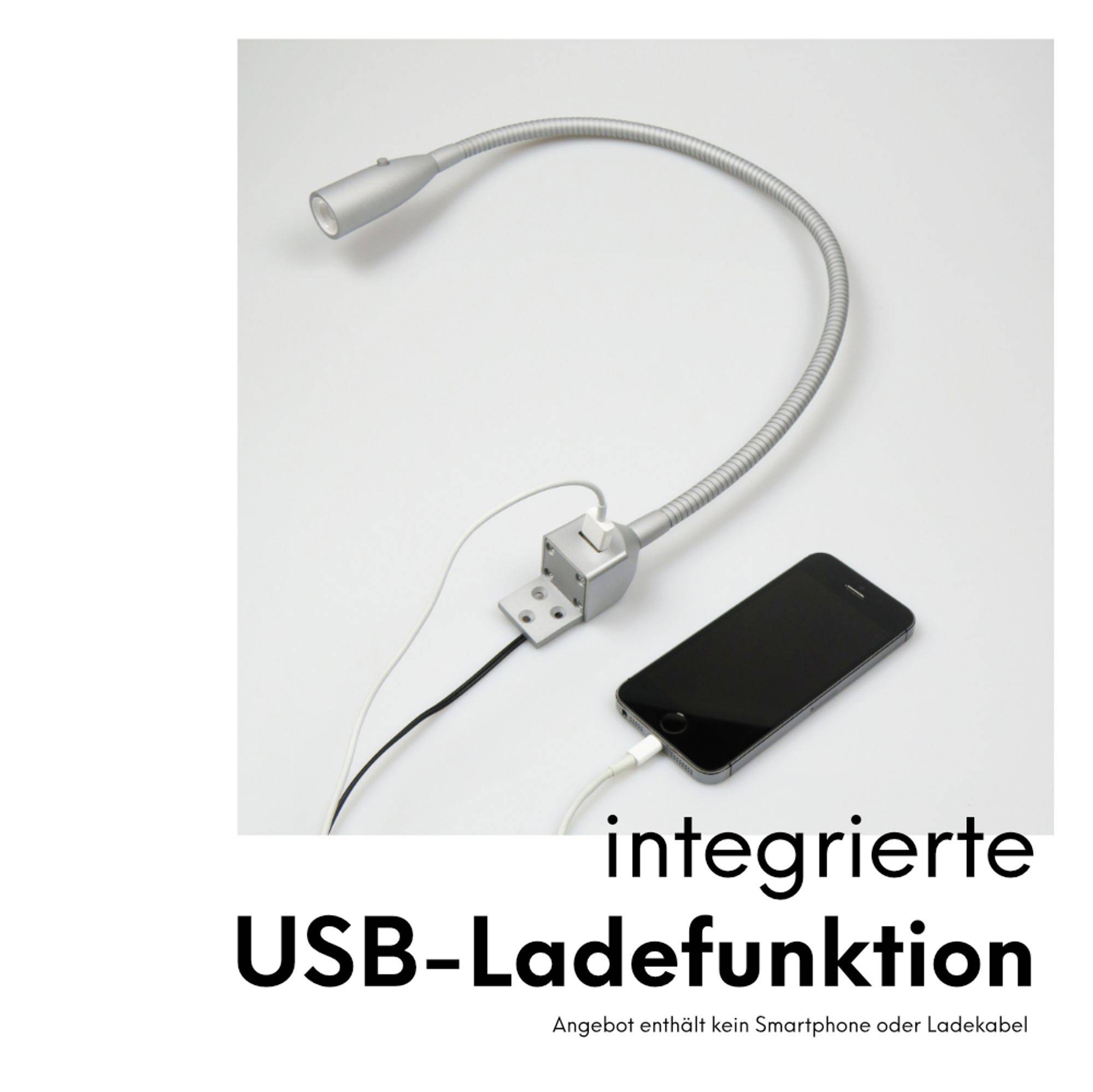 kalb | Flexible LED Bettleuchte silbergrau warmweiß Leseleuchte mit integrierter USB Ladefunktion