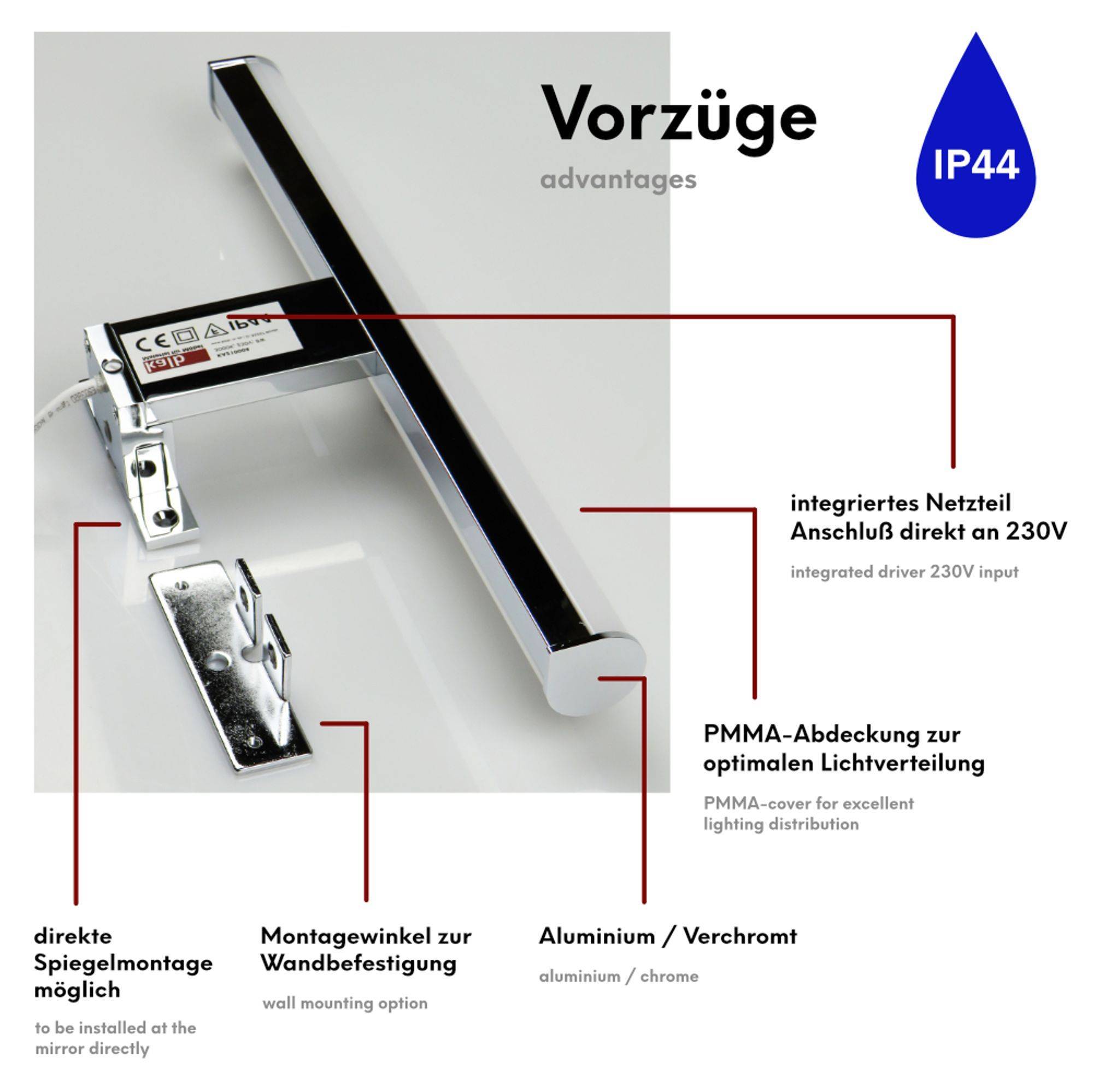 kalb | LED Spiegelleuchte 300mm Aufbauleuchte 230V Badezimmer Leuchte verchromt