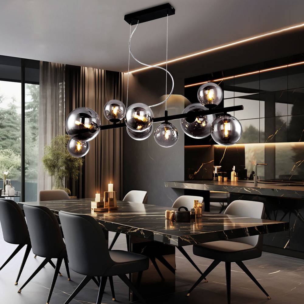 Pendelleuchte Kugel Glas Hängelampe Esstisch schwarz Wohnzimmerlampe hängend Modern, 9 Flammig mit Rauchglas, 9x LED 3,5W 350lm warmweiß, LxH 86x12