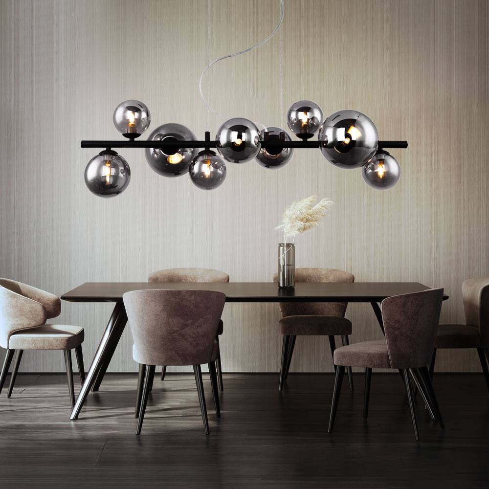 Pendelleuchte Kugel Glas Hängelampe Esstisch schwarz Wohnzimmerlampe hängend Modern, 9 Flammig mit Rauchglas, 9x LED 3,5W 350lm warmweiß, LxH 86x12