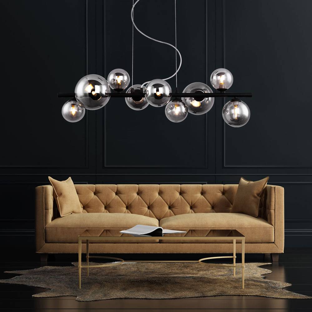 Pendelleuchte Kugel Glas Hängelampe Esstisch schwarz Wohnzimmerlampe hängend Modern, 9 Flammig mit Rauchglas, 9x LED 3,5W 350lm warmweiß, LxH 86x12