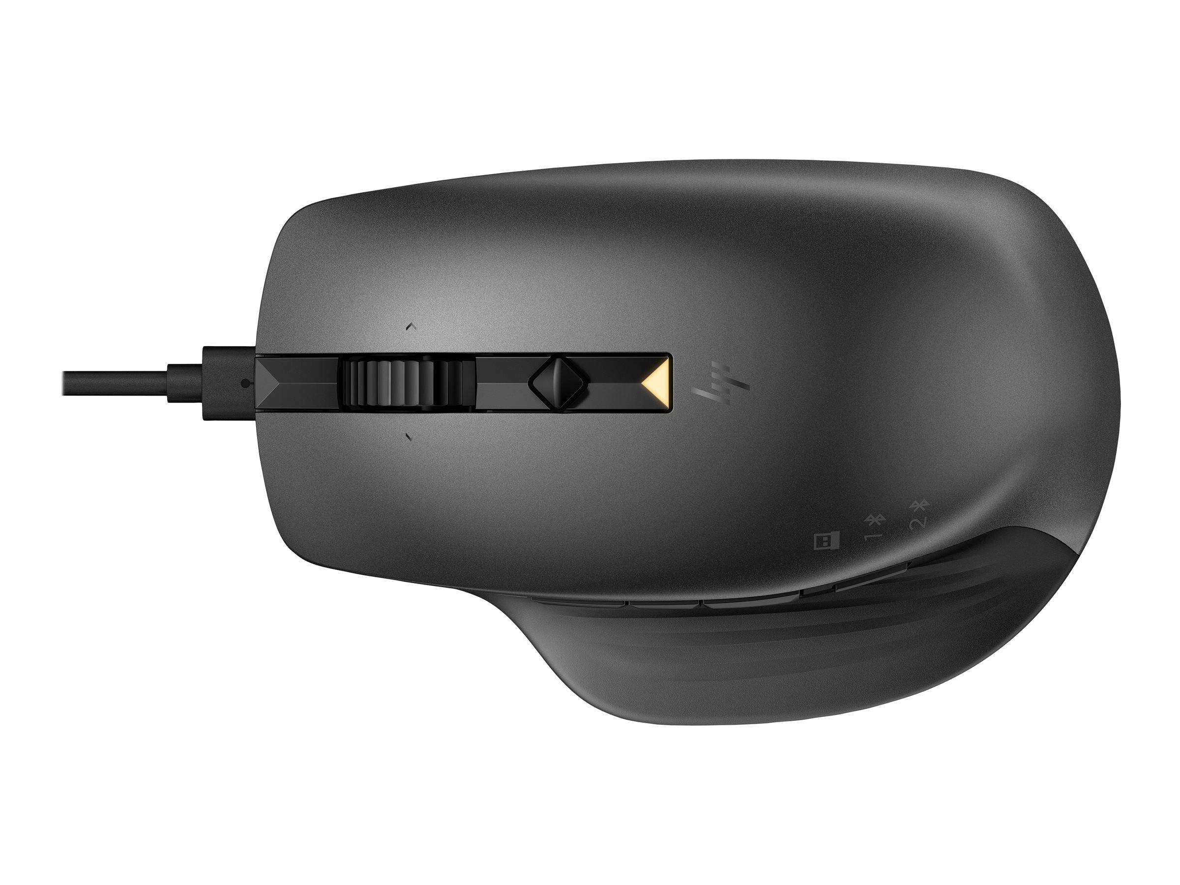 Schwarze kabelgebundene ergonomische Computermaus mit Seitenrad und Daumenauflage, dargestellt vor weißem Hintergrund.