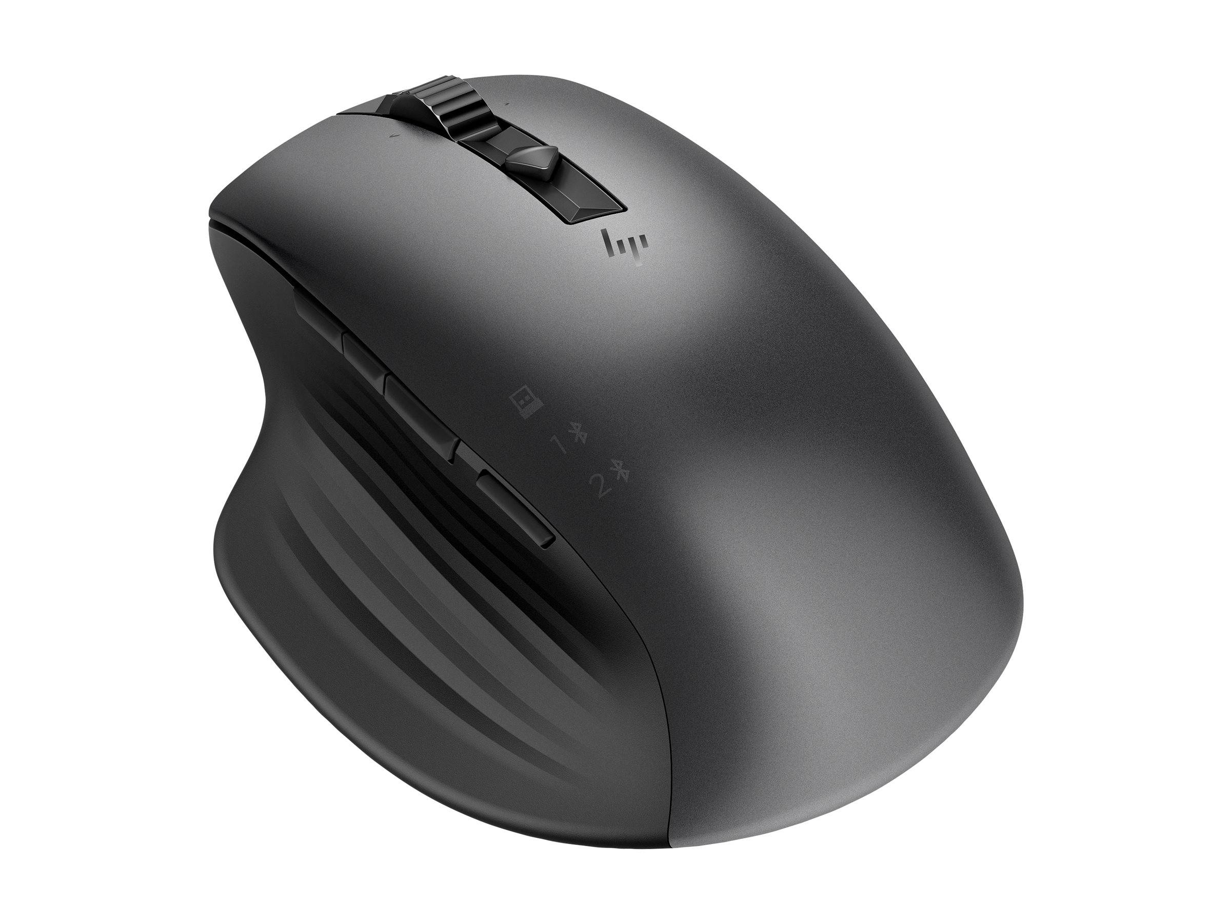 Schwarze ergonomische kabellose Maus mit Scrollrad und Seitengrifftasten auf weißem Hintergrund.
