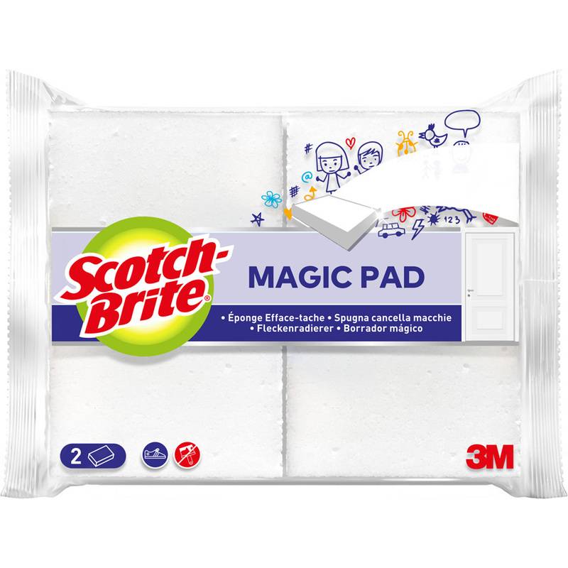 Packung Scotch-Brite Magic Pad Reinigungsschwämme, 2er-Pack, mit 3M-Logo und mehrsprachigem Etikett auf weißer Verpackung.