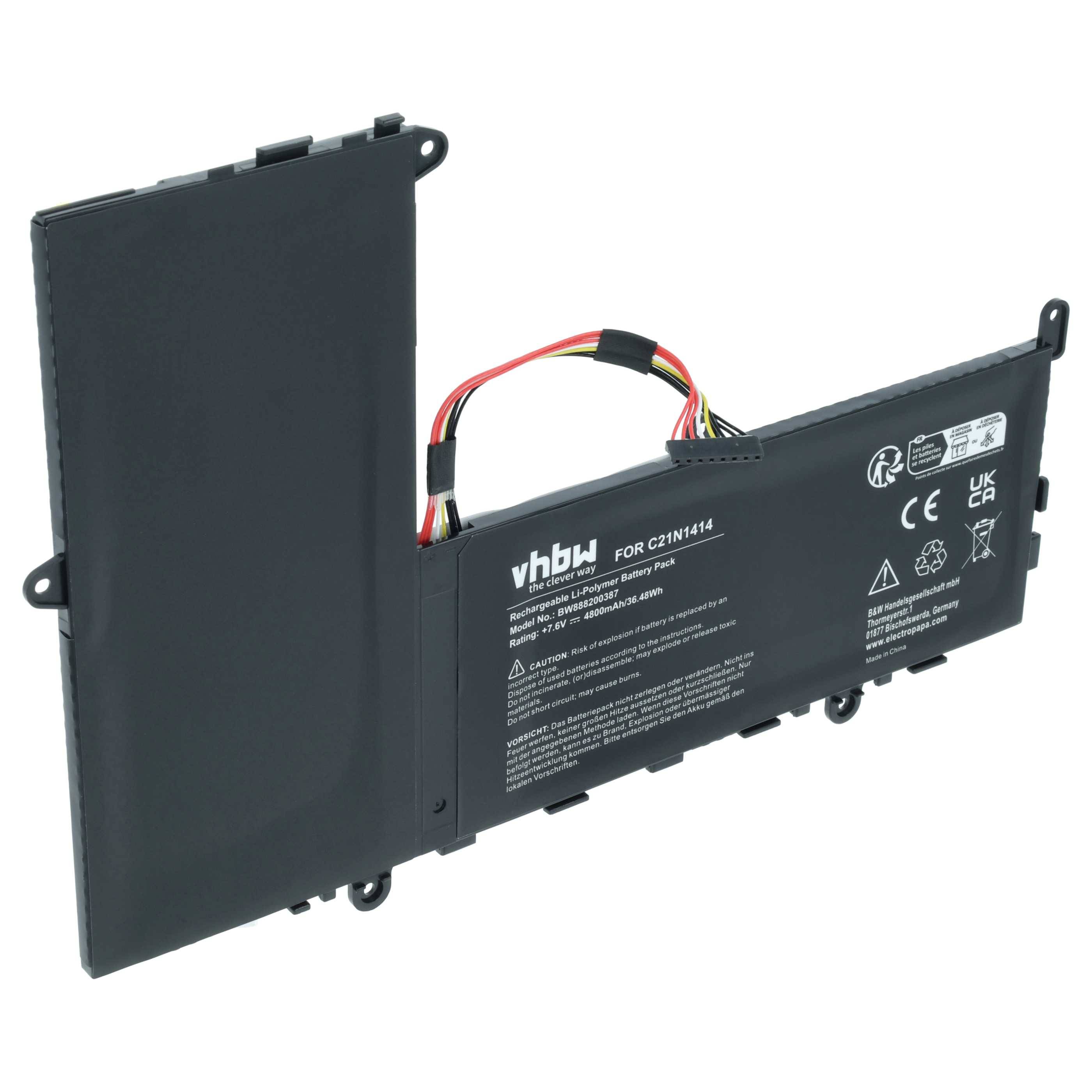 vhbw Akku kompatibel mit Asus EeeBook X205TA-FD005BS, X205TA-FD0061TS, X205TA-FD0060TS Notebook (4800 mAh, 7,6 V, Li-Polymer)