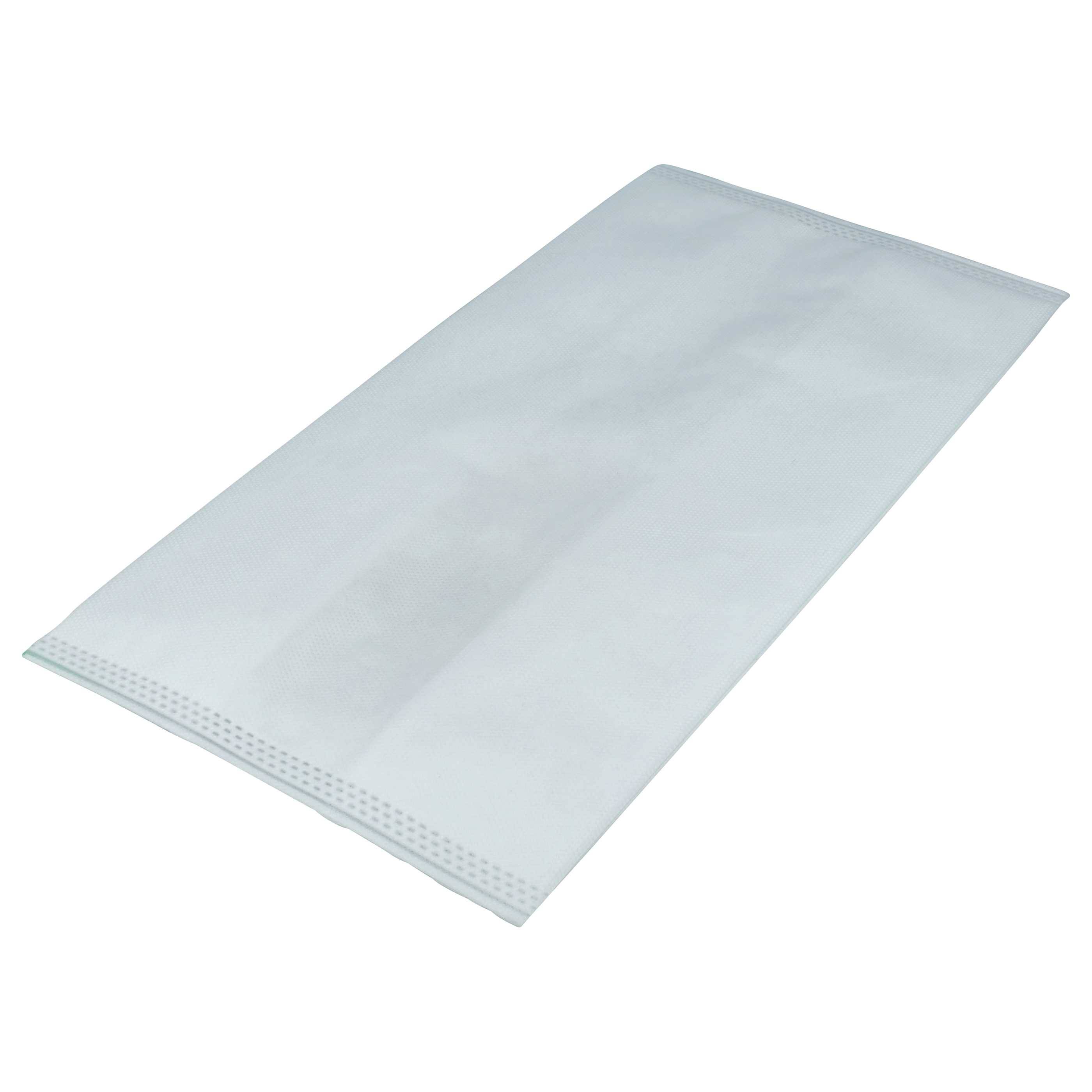 Eine schlichte weiße Papiertüte, flach liegend, mit perforierten Kanten entlang des oberen Randes.