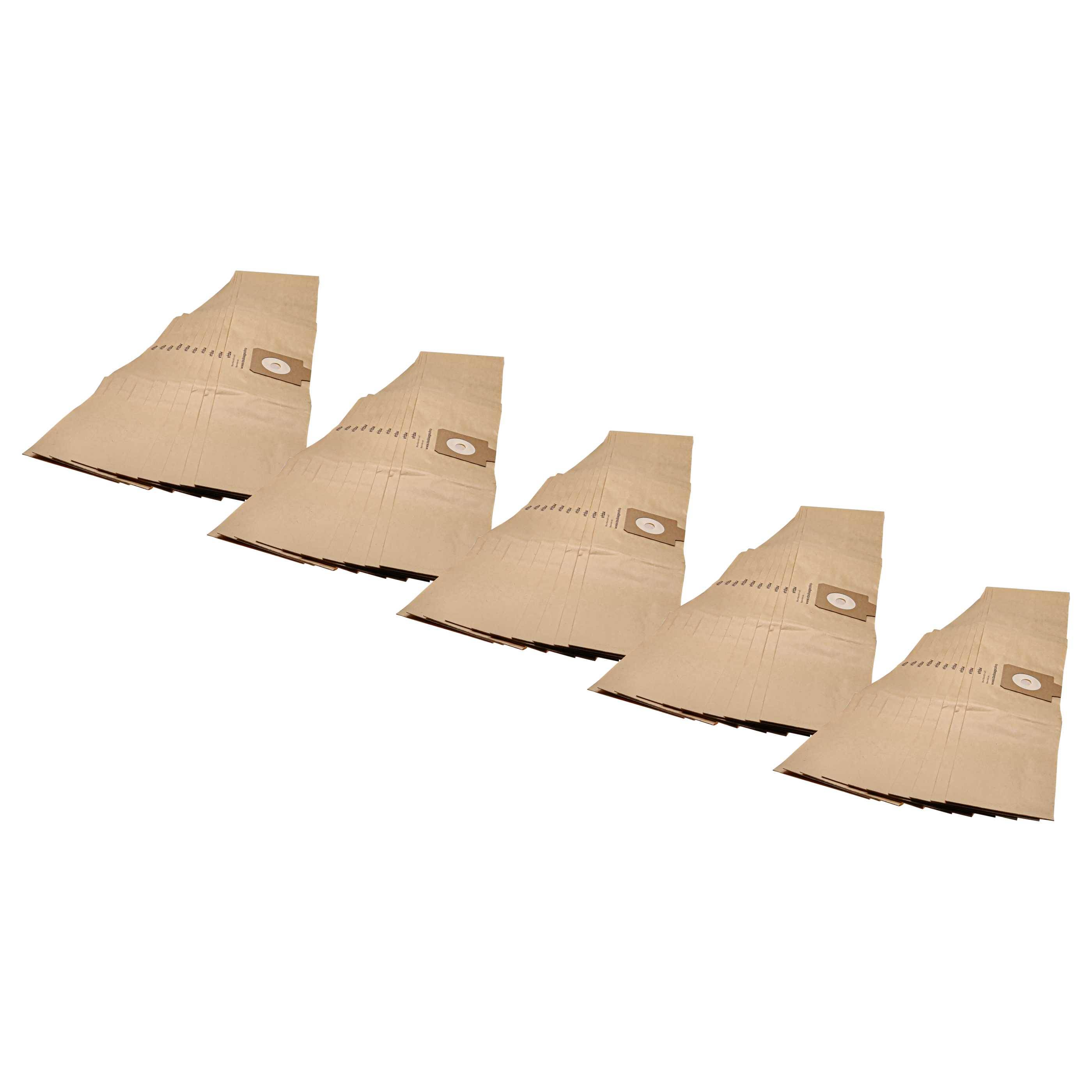 Fünf braune Papierstaubsaugerbeutel sind nebeneinander aufgereiht und zeigen ihre Form und ihr Design.