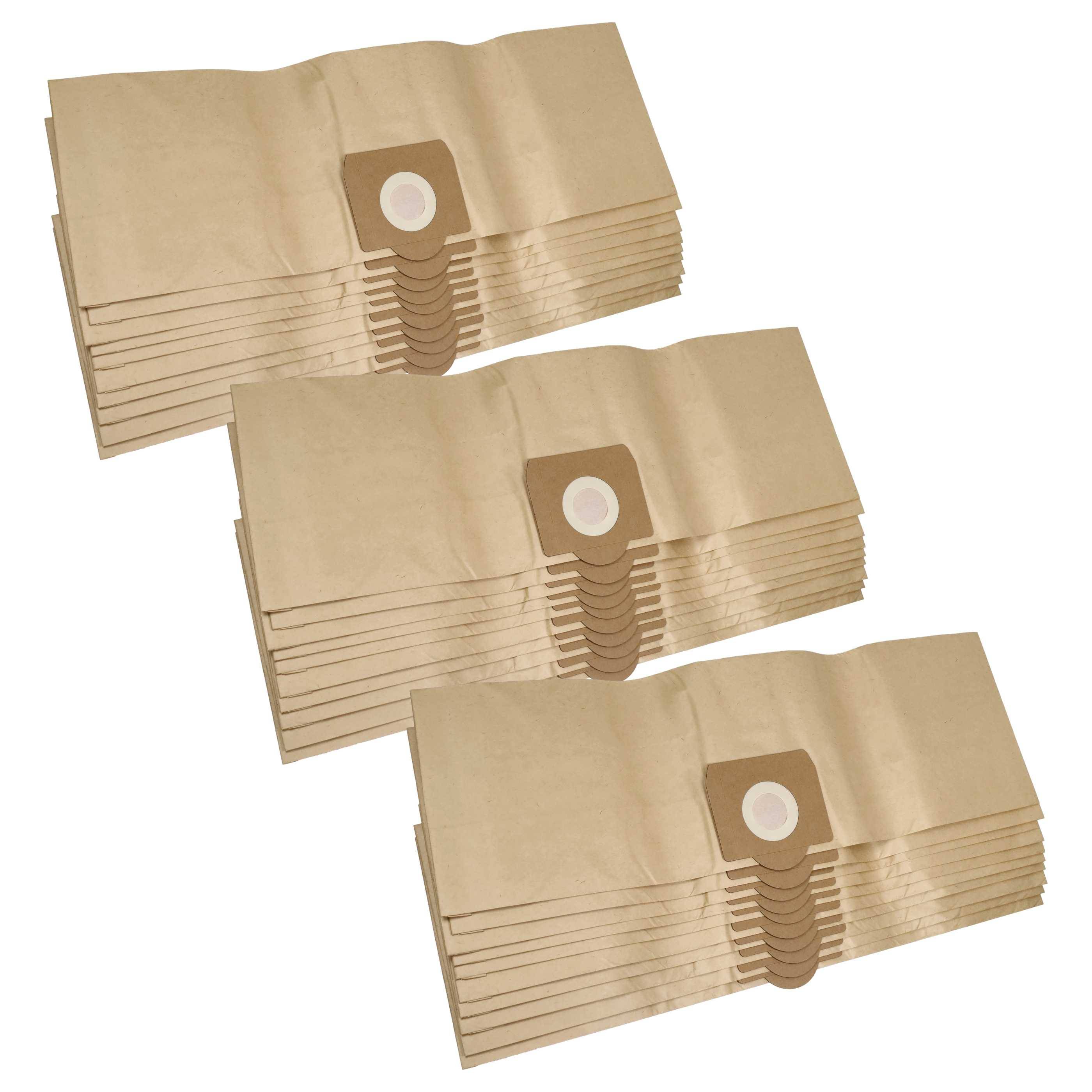 Drei Stapel beige Staubsaugerbeutel mit kreisförmigen Öffnungen und Kartonunterstützungen.