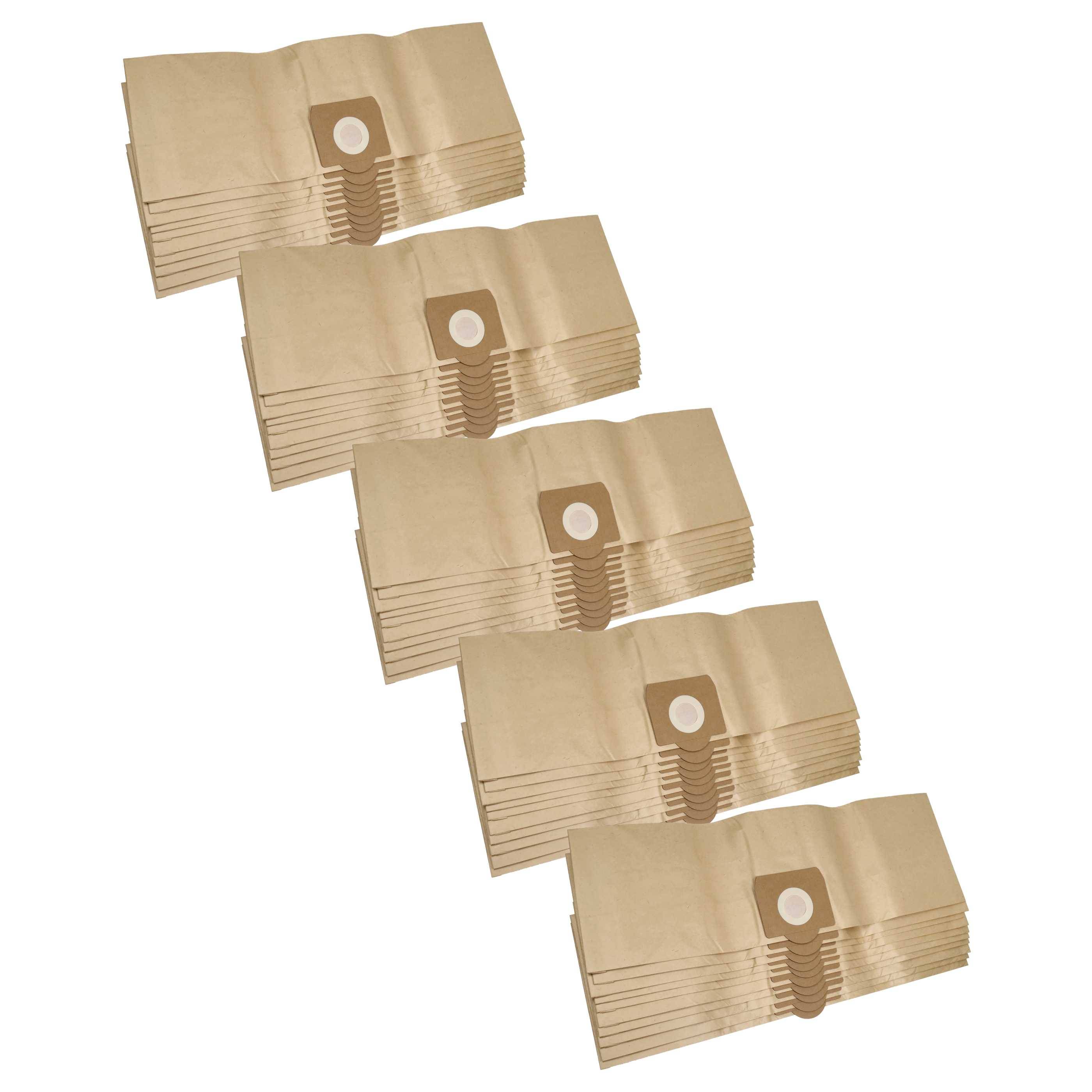 Vier Stapel beige Staubsaugerbeutel mit Pappkragen auf weißem Hintergrund.