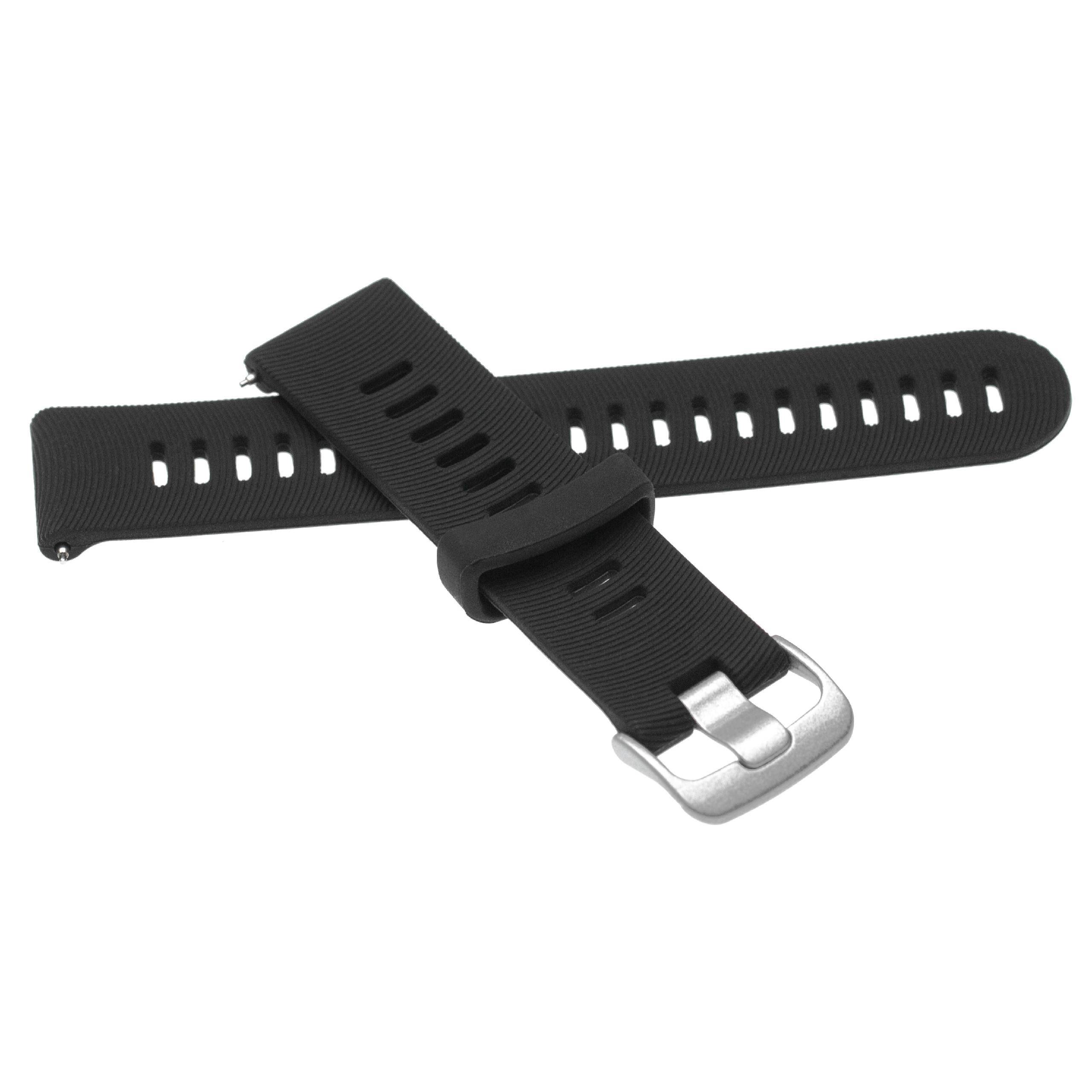 Ein schwarzes austauschbares Uhrenarmband mit silberner Schließe, geeignet für verschiedene Uhrenmodelle.