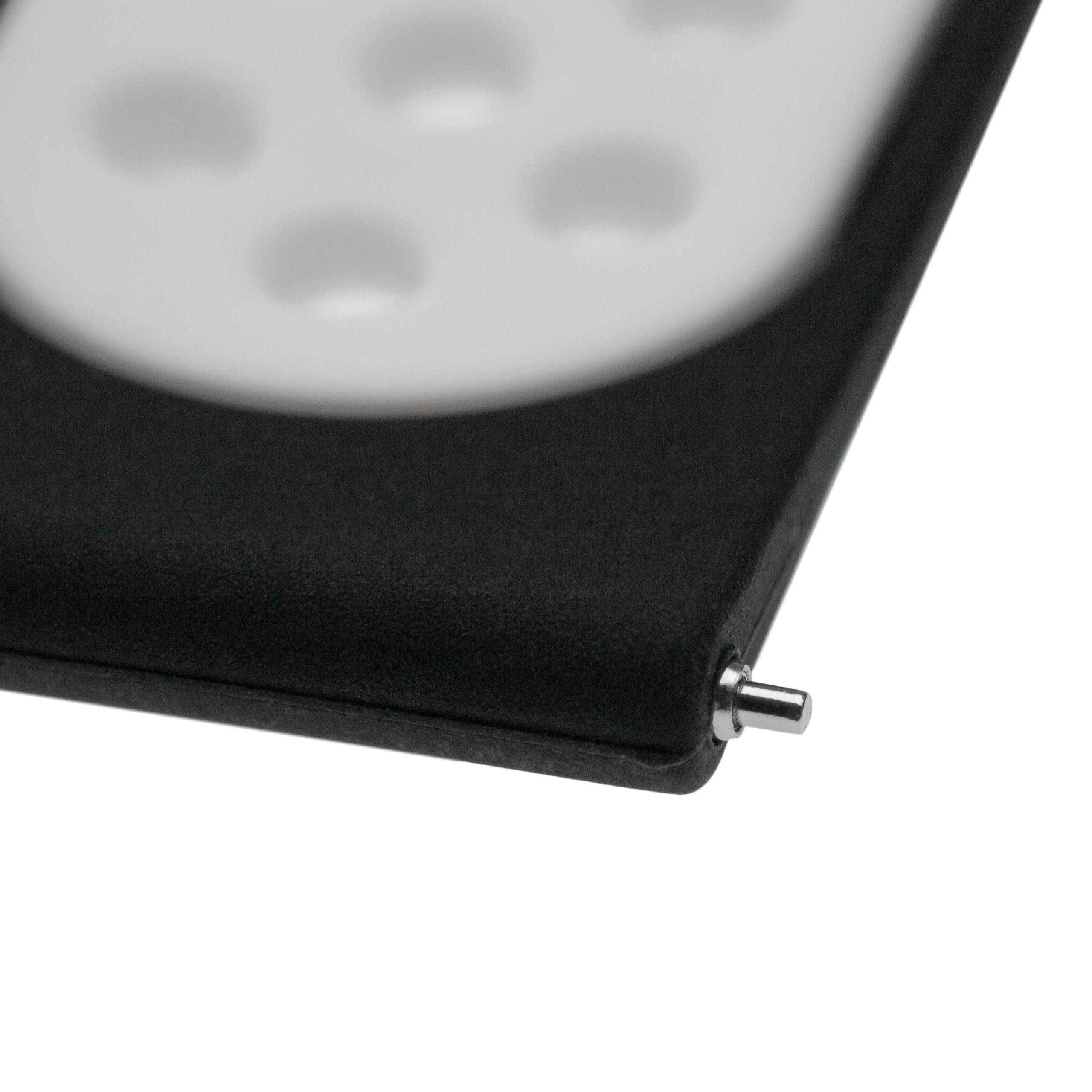 Nahaufnahme einer Ecke eines digitalen Geräts, die einen silbernen Stecker und ein weißes Bedienfeld mit mehreren kreisförmigen Vertiefungen zeigt.