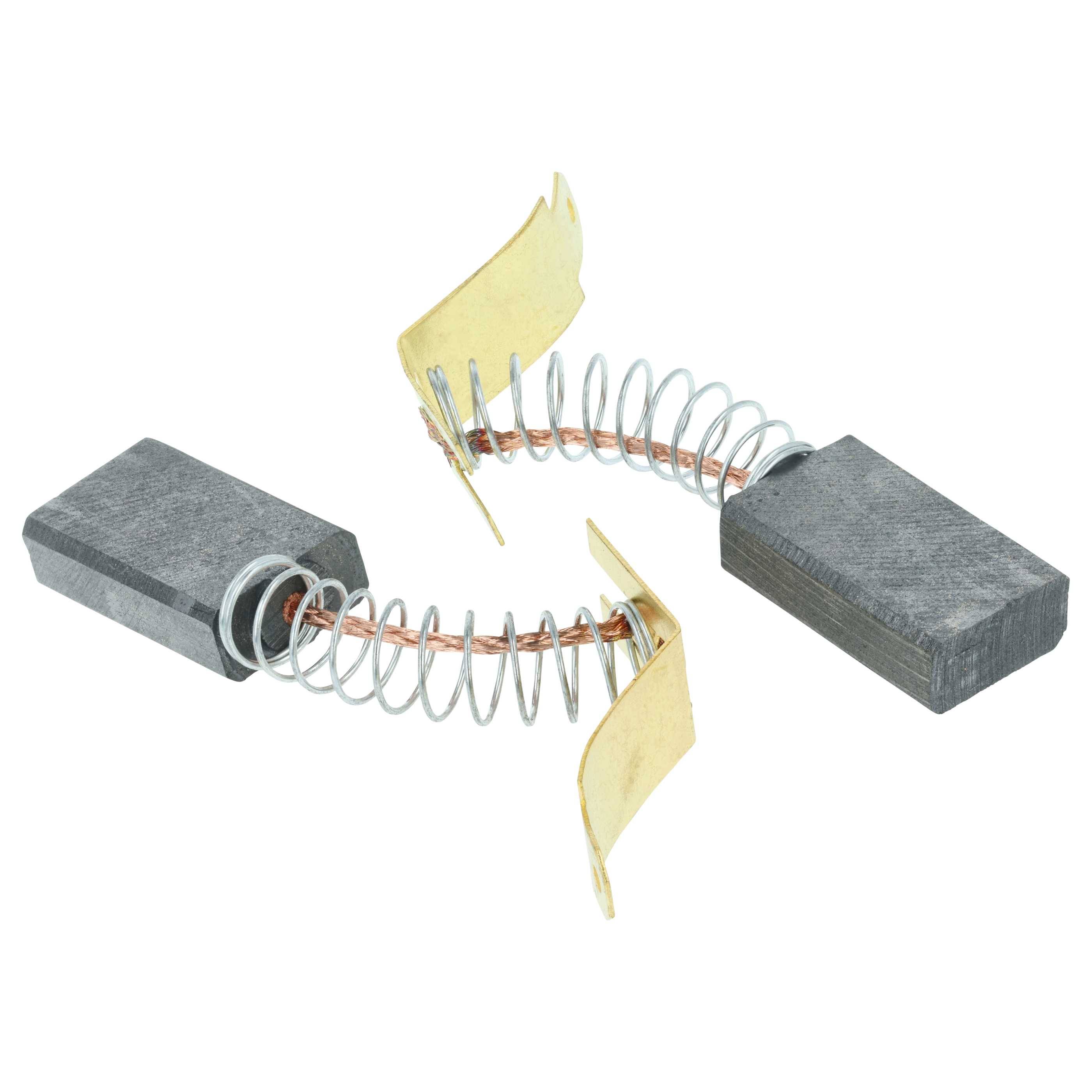 Zwei Kohlebürsten mit gewickelten Federn und angeschlossenen Metallableitern, die üblicherweise in Elektromotoren zur Stromübertragung verwendet werden.