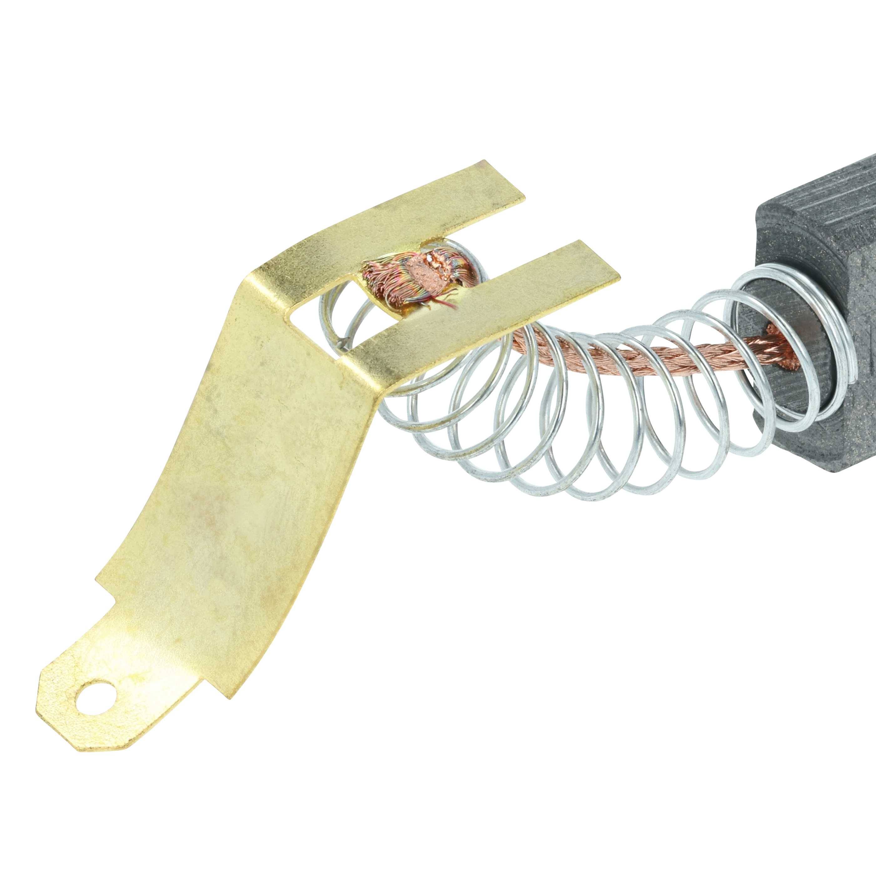 Eine kleine Gold- und Silberkomponente mit einer Schraubenfeder und einer flachen Metalllasche, höchstwahrscheinlich ein elektronischer Verbinder oder ein elektrischer Kontaktabschnitt.