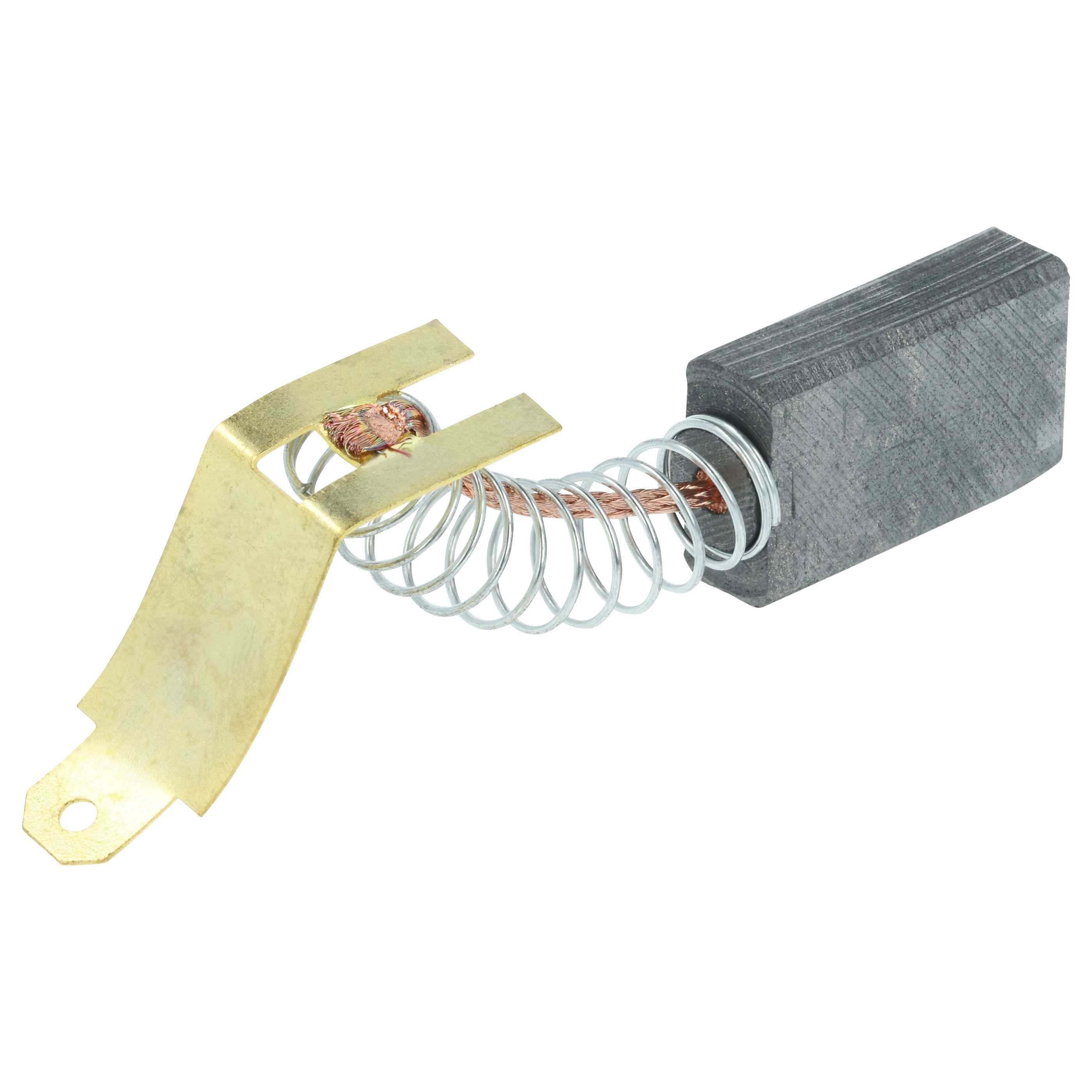 Eine Kohlebürste mit einer Schraubendruckfeder und einem Metallkontakt, die zum Leiten des elektrischen Stroms in Motoren, Generatoren oder Alternkatoren verwendet wird.