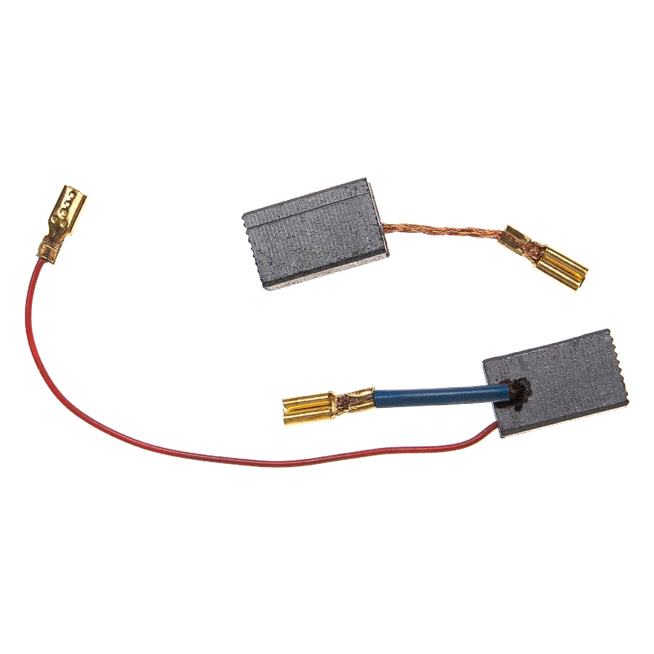 Zwei Kohlebürsten mit Kupferdrähten und Messingkontakten, die in Elektromotoren zur Stromleitung verwendet werden.