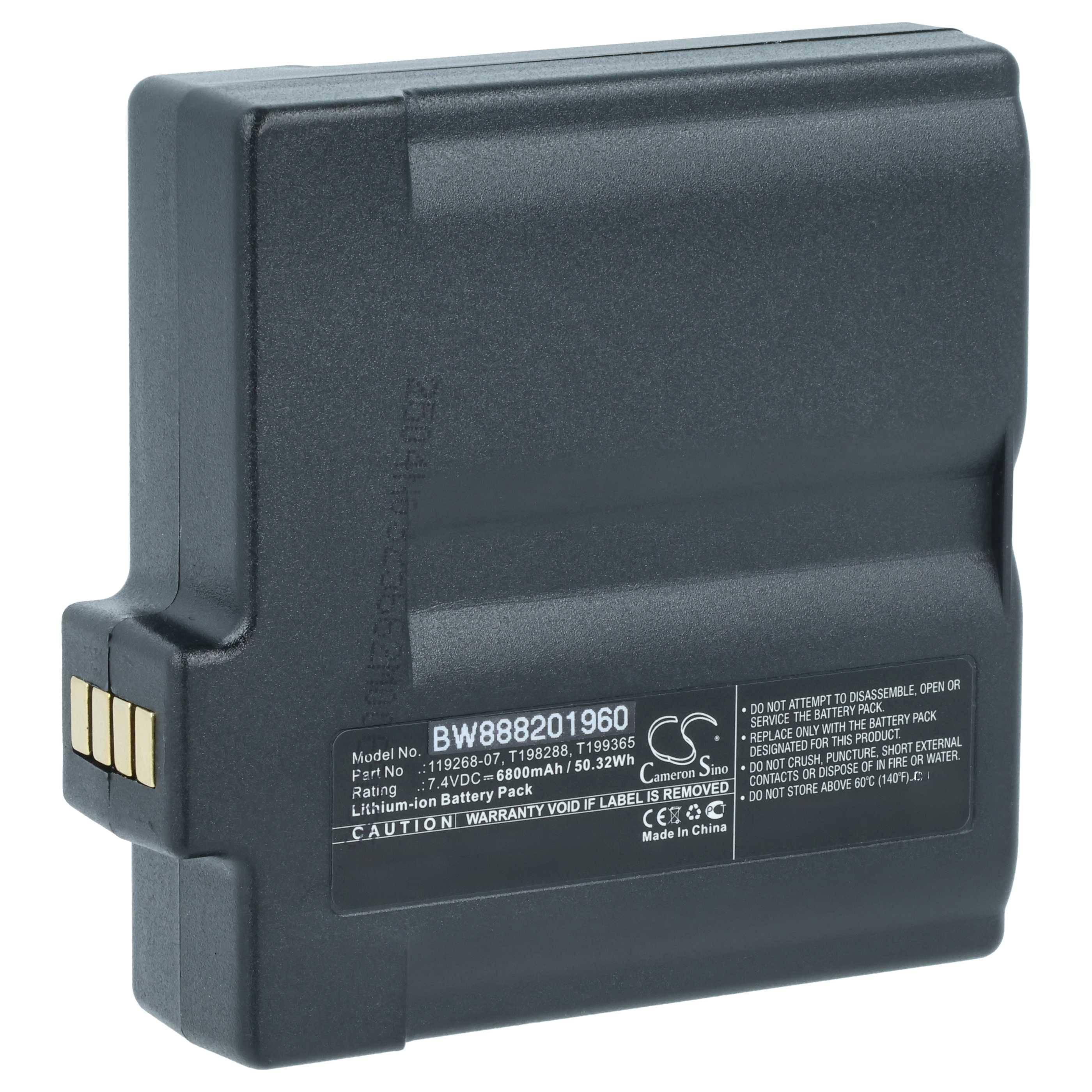 Eine schwarze Lithium-Ionen-Akku für Camcorder mit Produktdetails und Warnhinweis-Etikett, auf dem eine Reihe von Goldkontakten an einer Seite zu sehen ist.