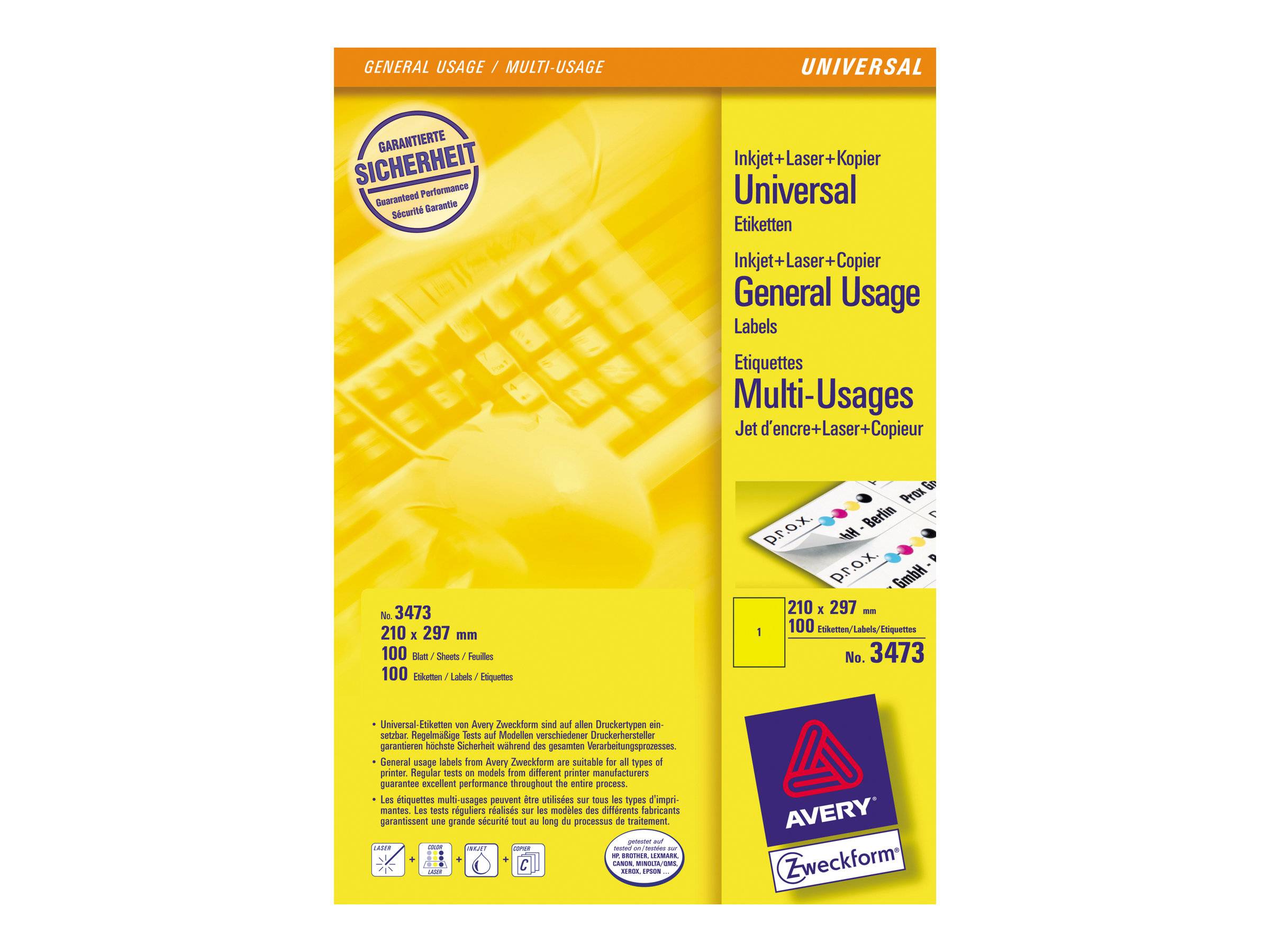 Avery - Gelb - A4 (210 x 297 mm) 100 Stck. (100 Bogen x 1) Etiketten