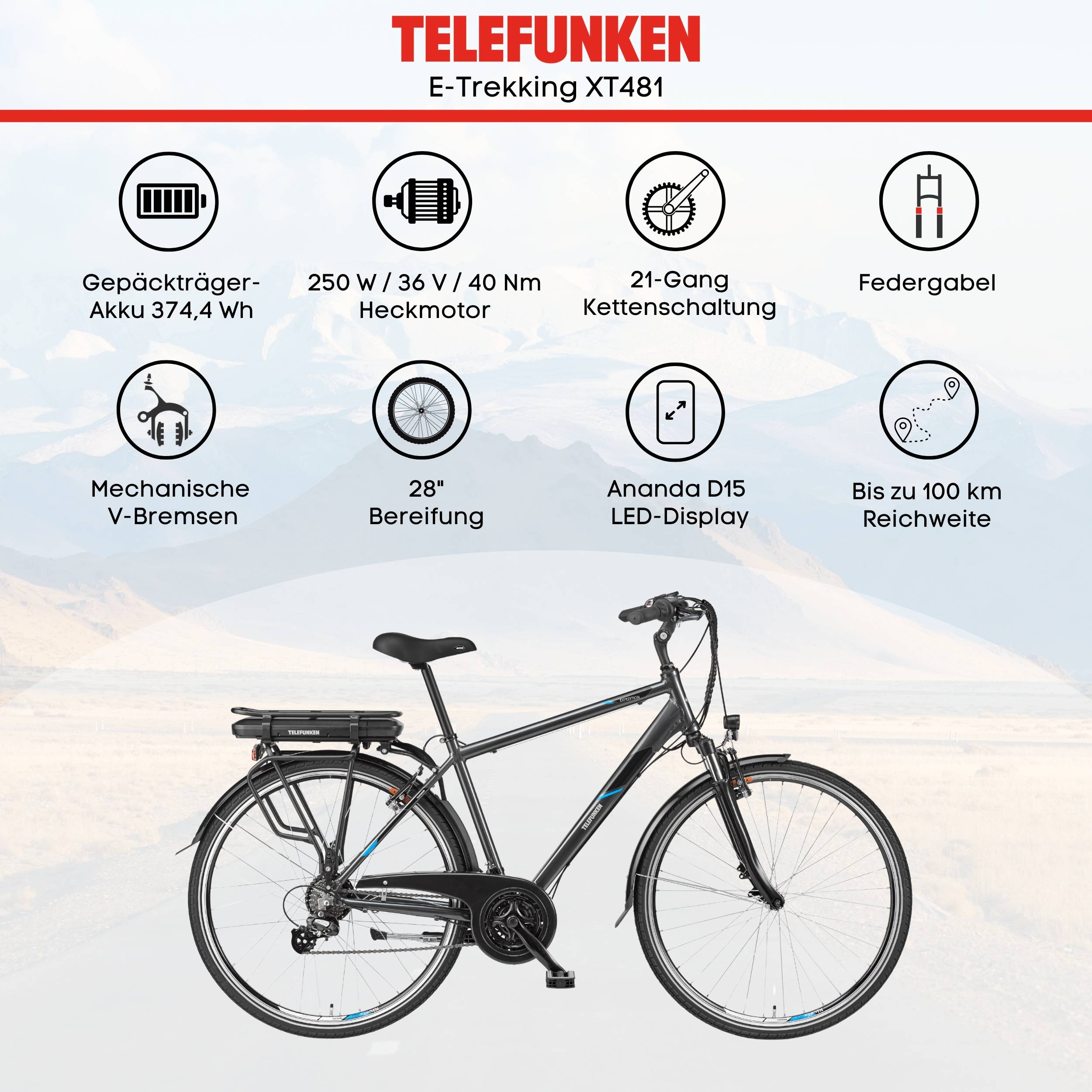 Telefunken E-Bike XT481 mit 21-Gang Shimano Kettenschaltung - Hinterrad-Motor 250W 10Ah, 36V Akku