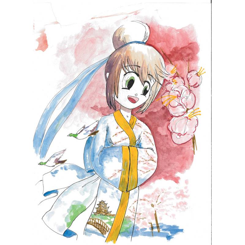 Eine illustrierte Figur in traditioneller Kleidung vor einer malerischen Kulisse, mit Kirschblüten und Vögeln, beschwört eine friedvolle Atmosphäre herauf.