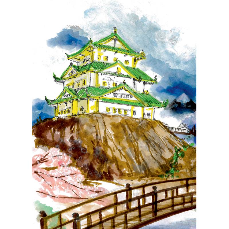 Eine traditionelle japanische Burg mit grünen Dächern sitzt auf einem felsigen Hügel, umgeben von Kirschblüten, mit einer Holzbrücke im Vordergrund.