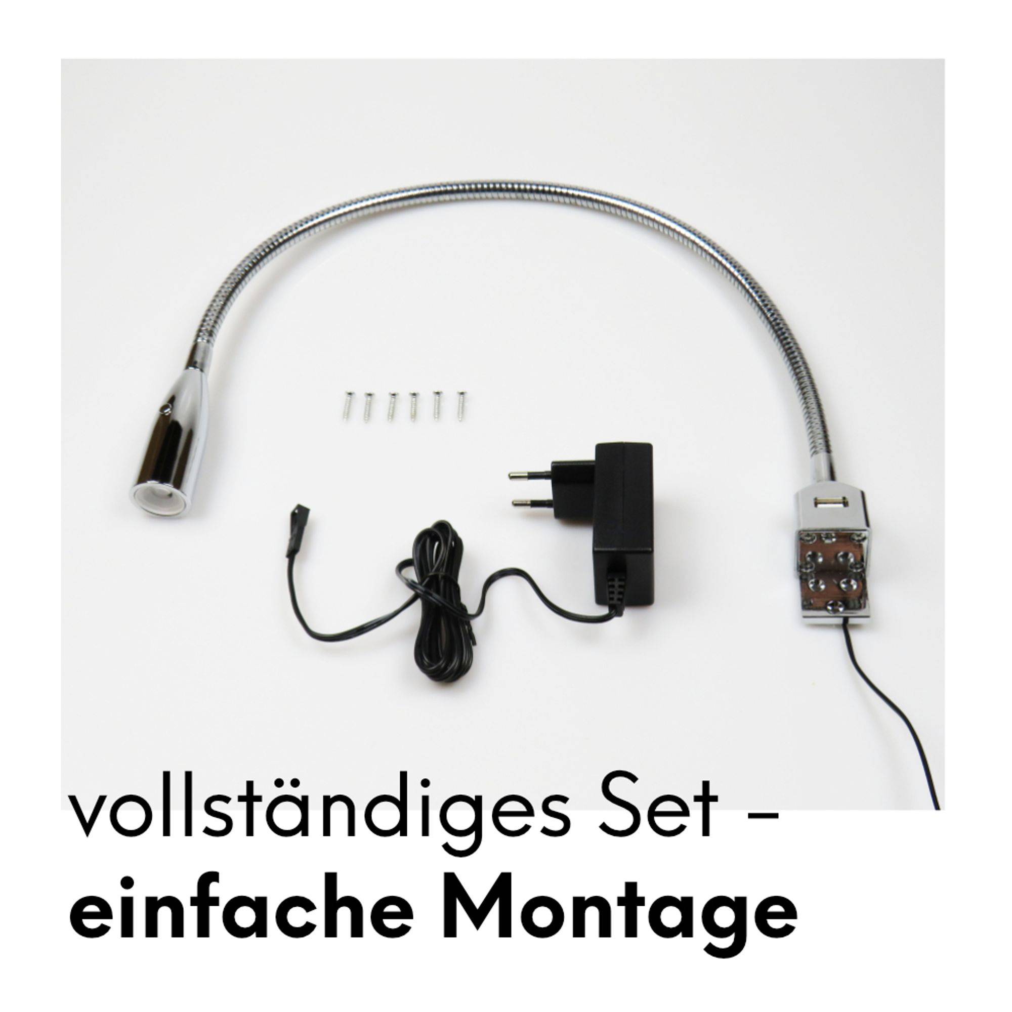 kalb | Flexible LED Bettleuchte verchromt warmweiß Leseleuchte mit integrierter USB Ladefunktion