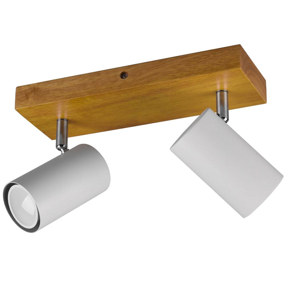 Deckenleuchte Spotleuchte Deckenlampe Spotstrahler Wohnzimmer, Metall weiß matt Holz, 2 flammig Spots beweglich, 2x Gu10 Fassungen, BxHxT 26x16x9 cm