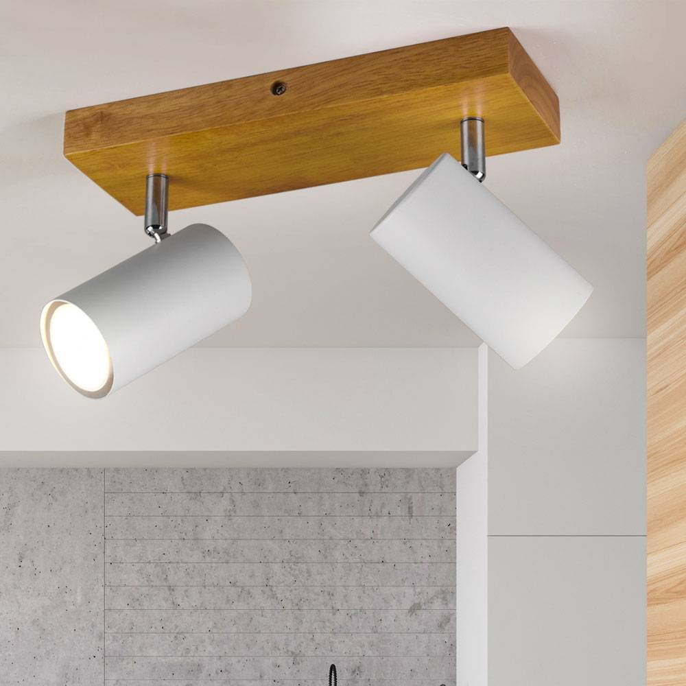 Deckenleuchte Spotleuchte Deckenlampe Spotstrahler Wohnzimmer, Metall weiß matt Holz, 2 flammig Spots beweglich, 2x Gu10 Fassungen, BxHxT 26x16x9 cm