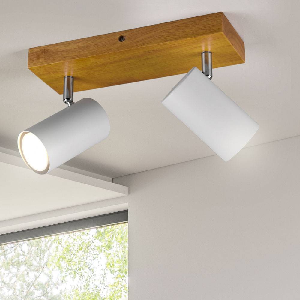 Deckenleuchte Spotleuchte Deckenlampe Spotstrahler Wohnzimmer, Metall weiß matt Holz, 2 flammig Spots beweglich, 2x Gu10 Fassungen, BxHxT 26x16x9 cm