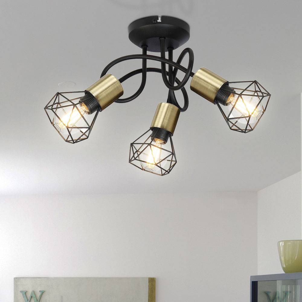 Deckenlampe verstellbar Küchen Rondell 3 flammig Deckenleuchte Lampenschirm Käfig, rund altmessing schwarz, 3x E14, 38 cm, Wohnzimmer