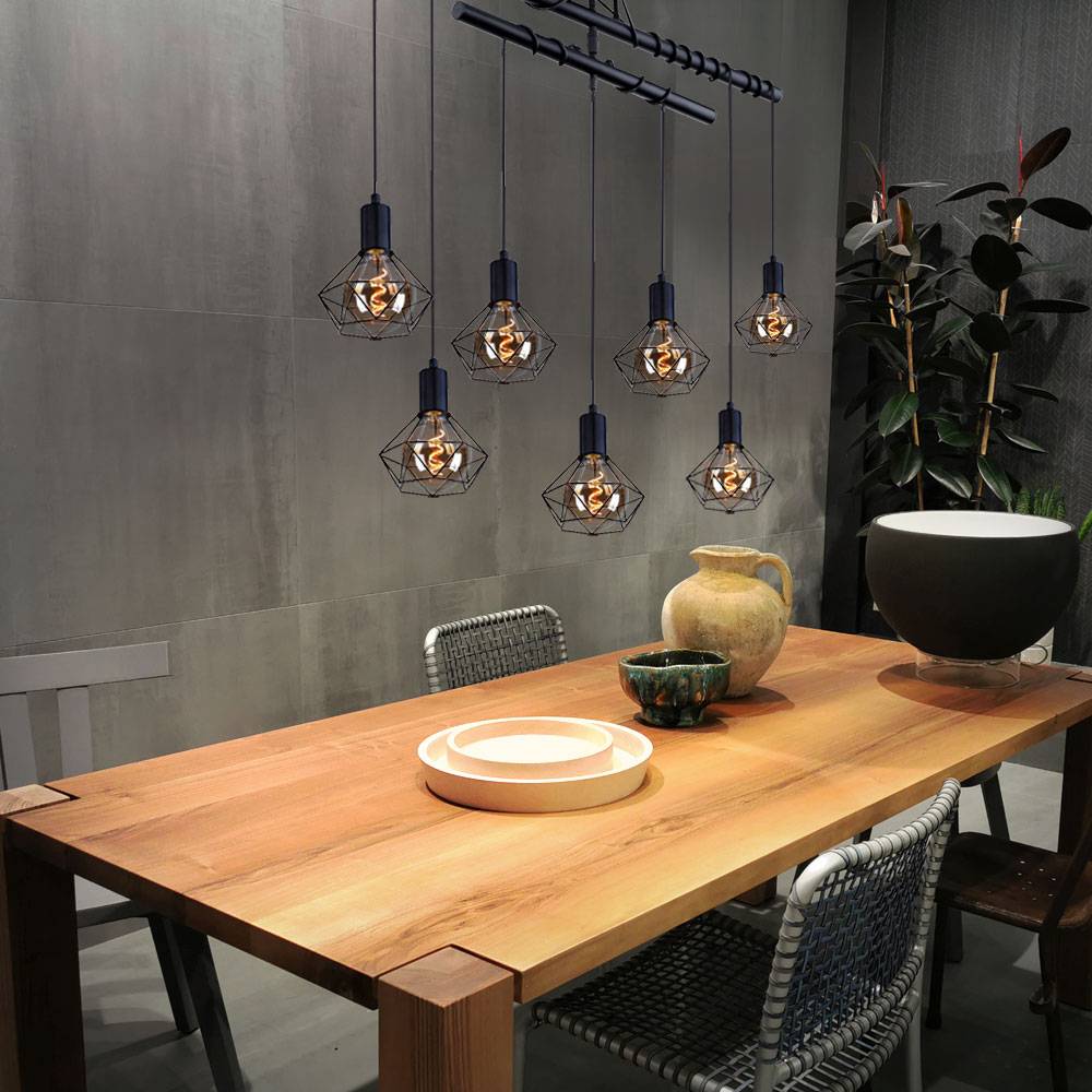 Hängelampe Pendelleuchte Modern Esszimmerleuchte Industriell schwarz Hängeleuchte Höhenverstellbar, Käfig Schirme, 7 Flammig E27, LxBxH 100x15x100