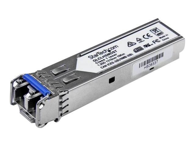 Metall-SFP-Transceiver-Modul von StarTech.com mit blauer Verriegelung und optischem Anschluss an der Vorderseite.