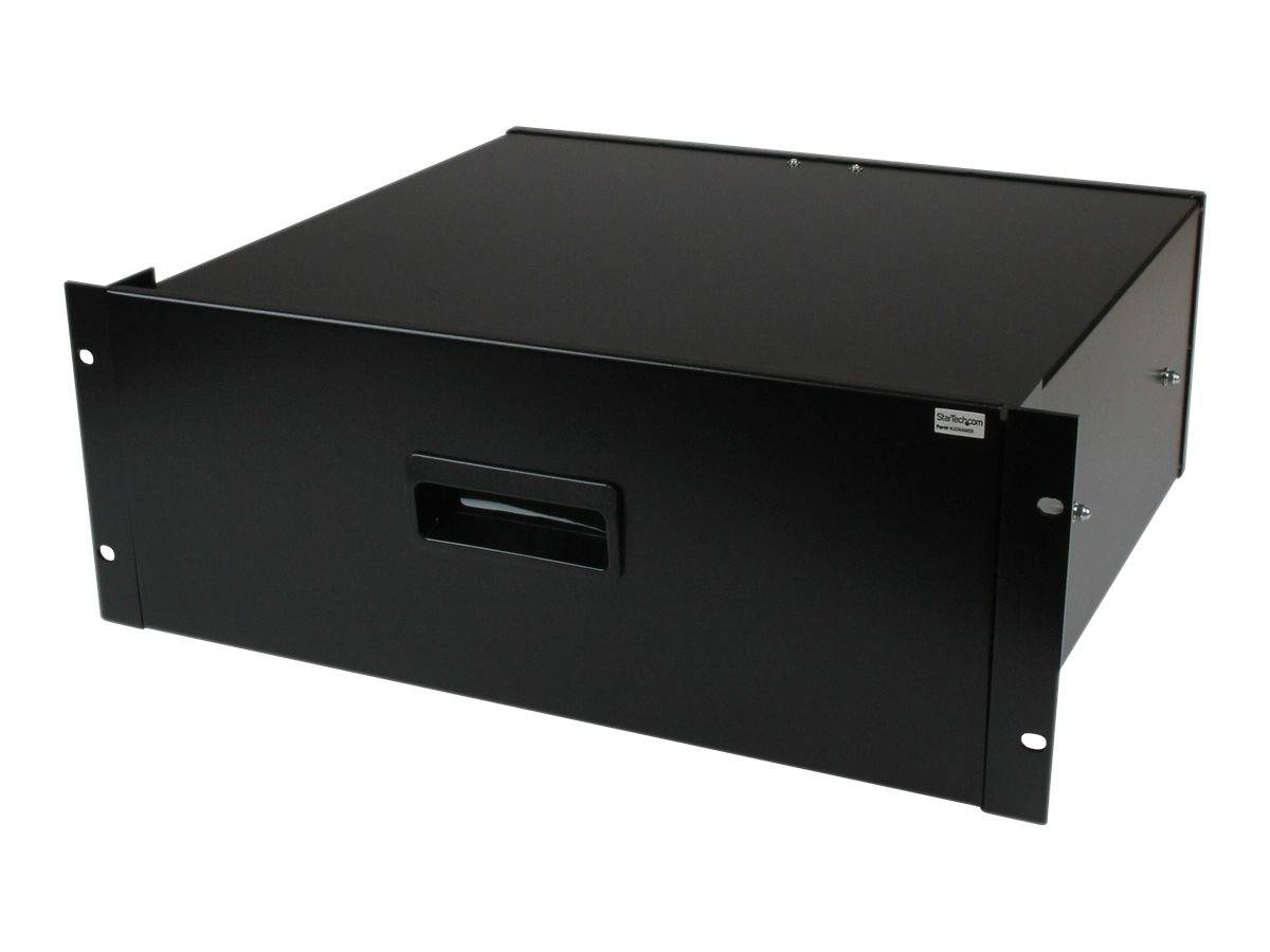 Schwarze rechteckige Metall-Rackschublade mit versenkte Griff und Befestigungsöhren auf weißem Hintergrund.