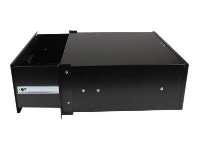 Schwarzes Metall-Computergehäuse oder Chassis mit offener Frontkompartiment und flacher Oberseite, gezeigt auf weißem Hintergrund.