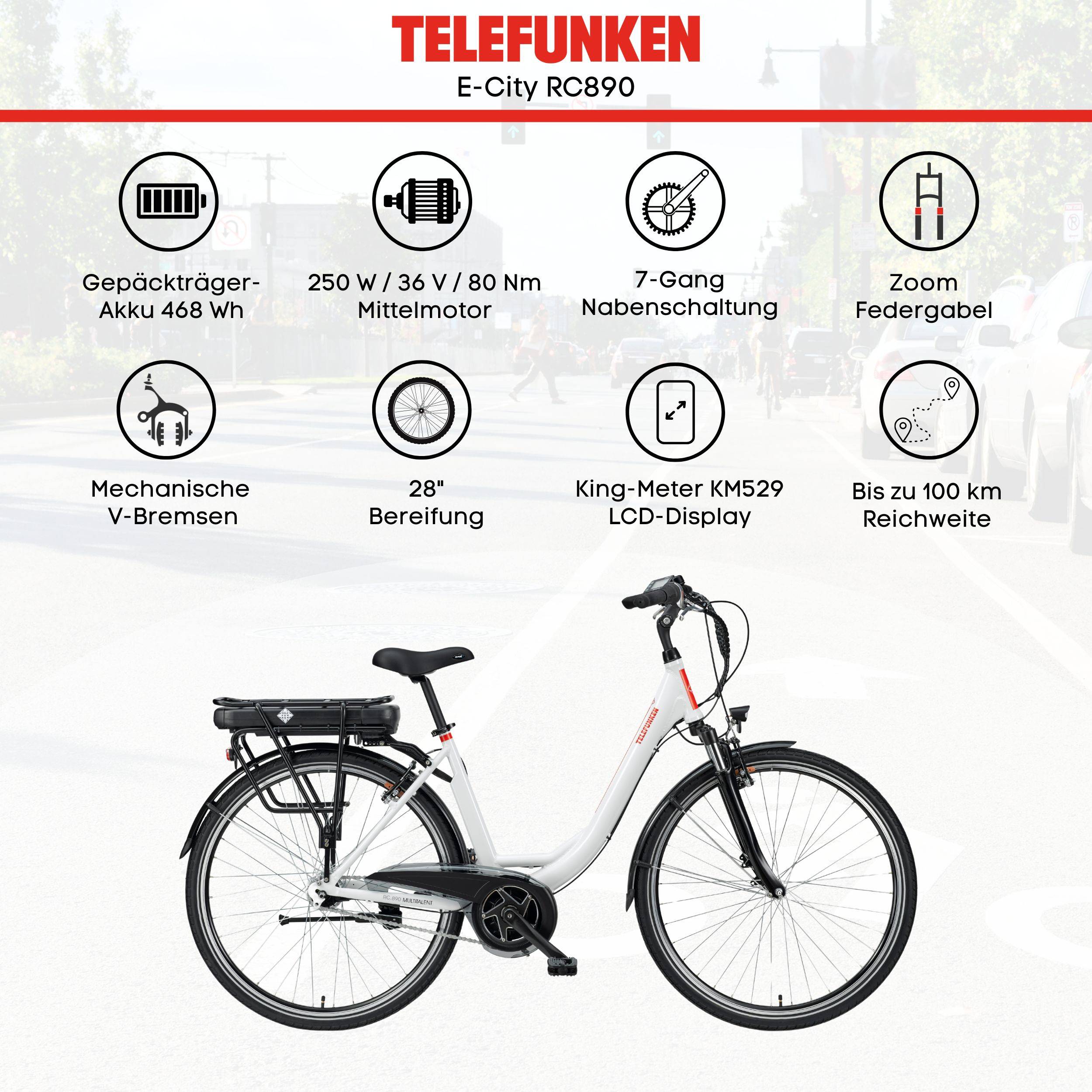 Telefunken City E-Bike | Elektrofahrrad 28 Zoll | Mittelmotor 250W | 7-Gang Nabenschaltung | 468 Wh Akku | EBike Pedelec