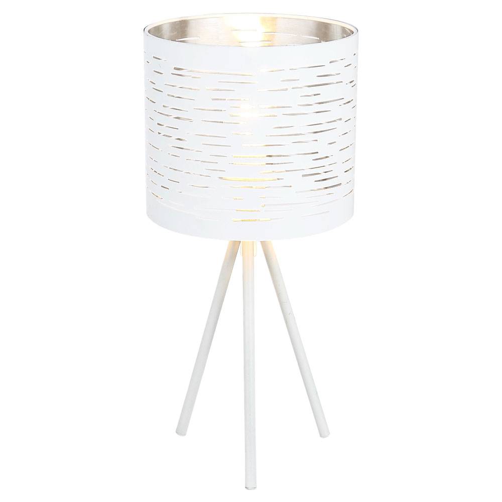 Nachttischlampe Metall chrom Schirmleuchte Muster Tischlampe in runder Form, mit weißem Gestell 3 Bein, 1x E14, DxH 17x35 cm