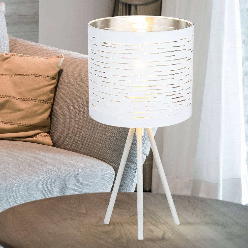 Nachttischlampe Metall chrom Schirmleuchte Muster Tischlampe in runder Form, mit weißem Gestell 3 Bein, 1x E14, DxH 17x35 cm