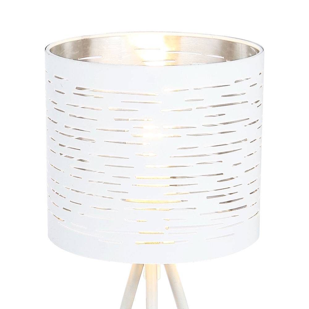 Nachttischlampe Metall chrom Schirmleuchte Muster Tischlampe in runder Form, mit weißem Gestell 3 Bein, 1x E14, DxH 17x35 cm