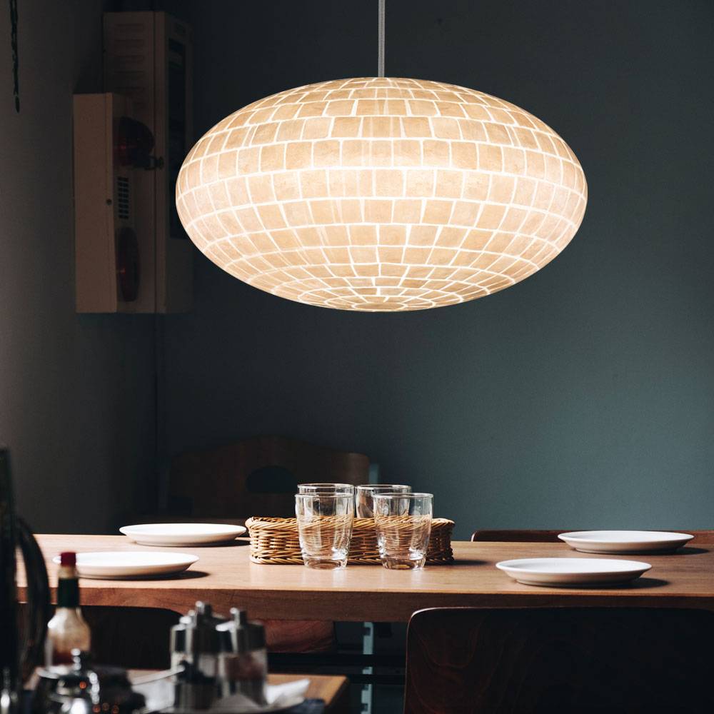 Hängeleuchte Deckenlampe Muschel Design Hängelampen Esszimmer, Design oval silber, 1x E27, H 110 cm, Wohnzimmer