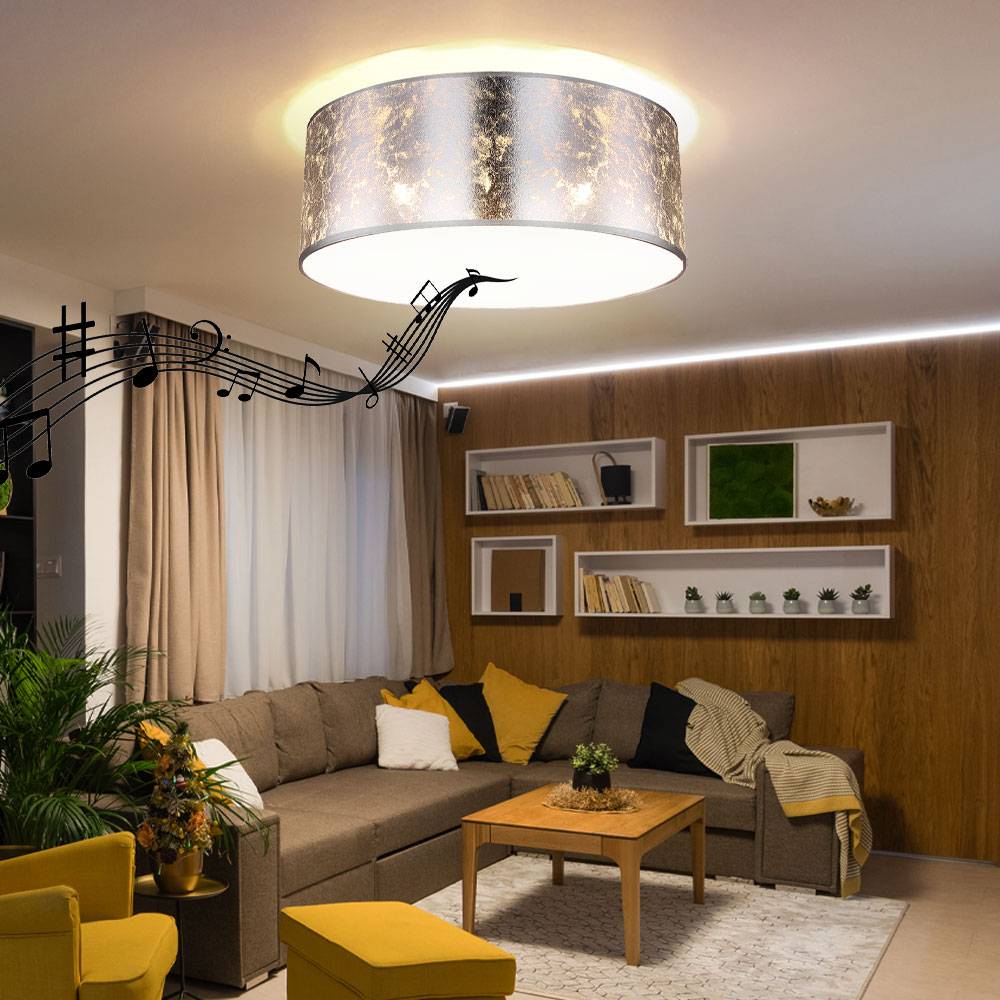 Deckenlampe mit Bluetooth Lautsprecher 40 cm Schlafzimmerlampe silber Deckenlampe Wohnzimmer, Blattsilber Design, 3x E27, H 17,5 cm