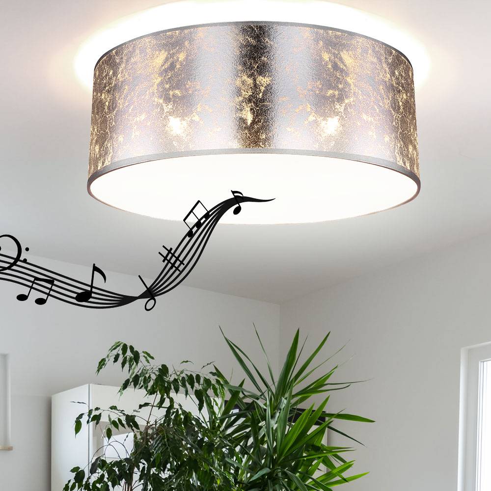 Deckenlampe mit Bluetooth Lautsprecher 40 cm Schlafzimmerlampe silber Deckenlampe Wohnzimmer, Blattsilber Design, 3x E27, H 17,5 cm