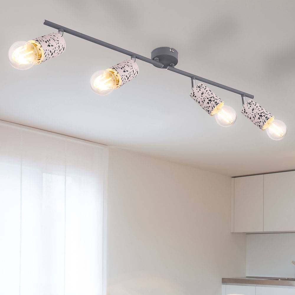 Deckenlampe 4 Strahler Wohnraum Deckenleuchte mit beweglichen Spots, Terrazzo Stein Optik chrom grau, 4x E27, L 72 cm
