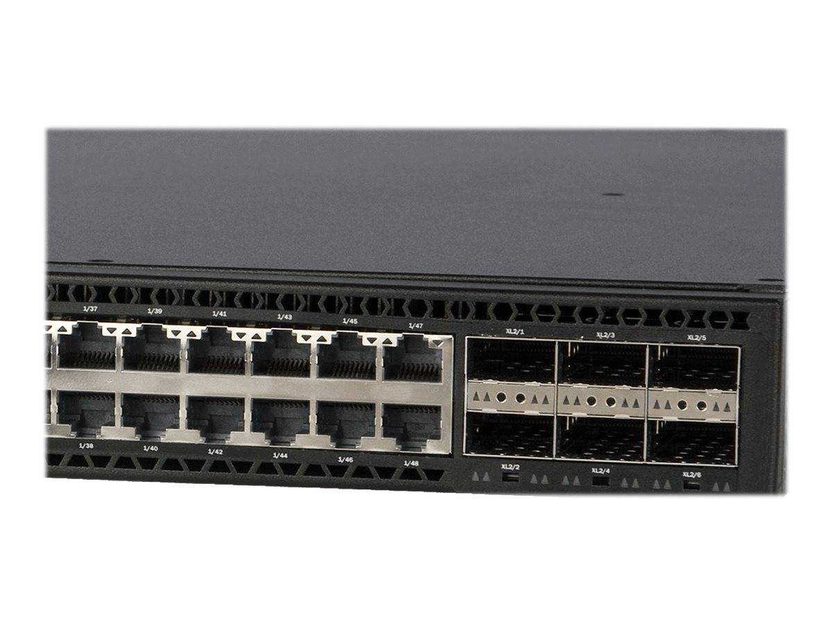Frontansicht eines Netzwerk-Switches oder Routers mit mehreren Ethernet-Anschlüssen und Statusanzeigelichtern auf einer in ein Rack eingebauten Platte.