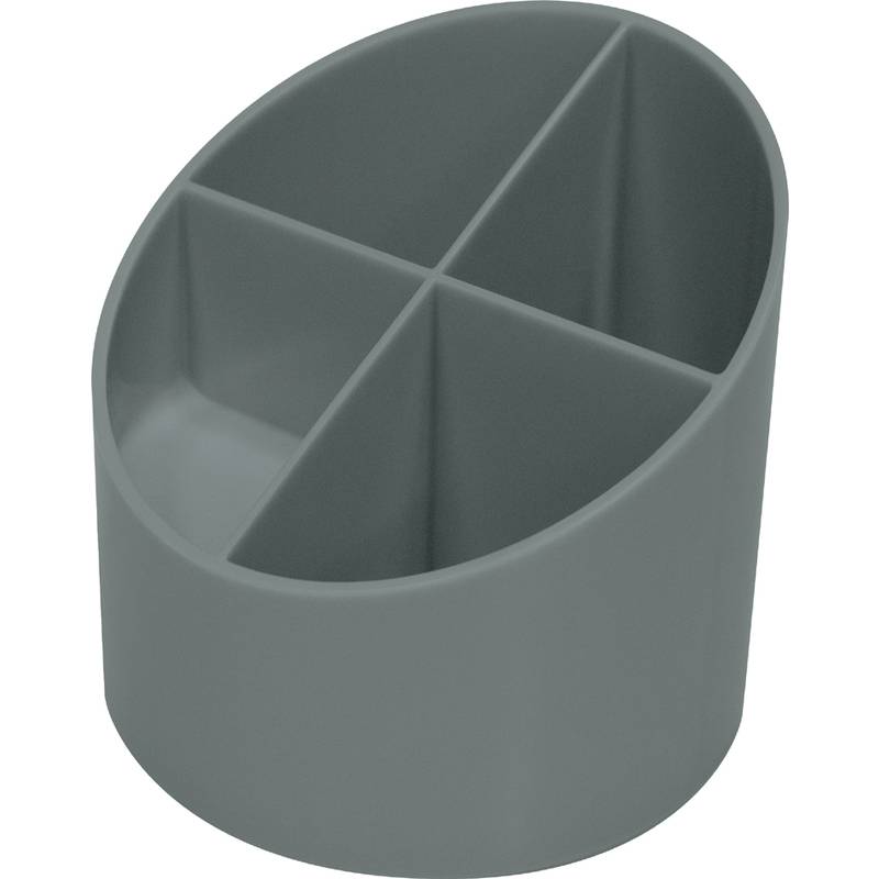Ein grauer, ovaler Kunststoff-Organizer mit vier Fächern, wahrscheinlich zum Aufbewahren von kleinen Gegenständen wie Schreibwaren oder Toilettenartikeln.