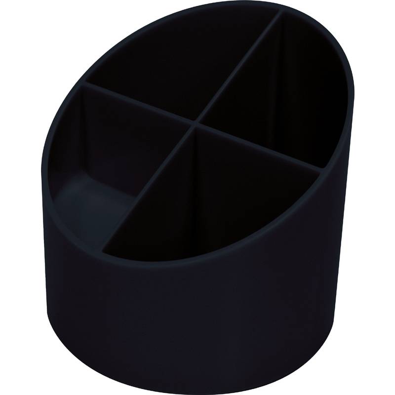 Ein schwarzer, ovaler Schreibtisch-Organizer mit vier Fächern zum Aufbewahren von Gegenständen wie Stiften, Bleistiften oder kleinen Büromaterialien.