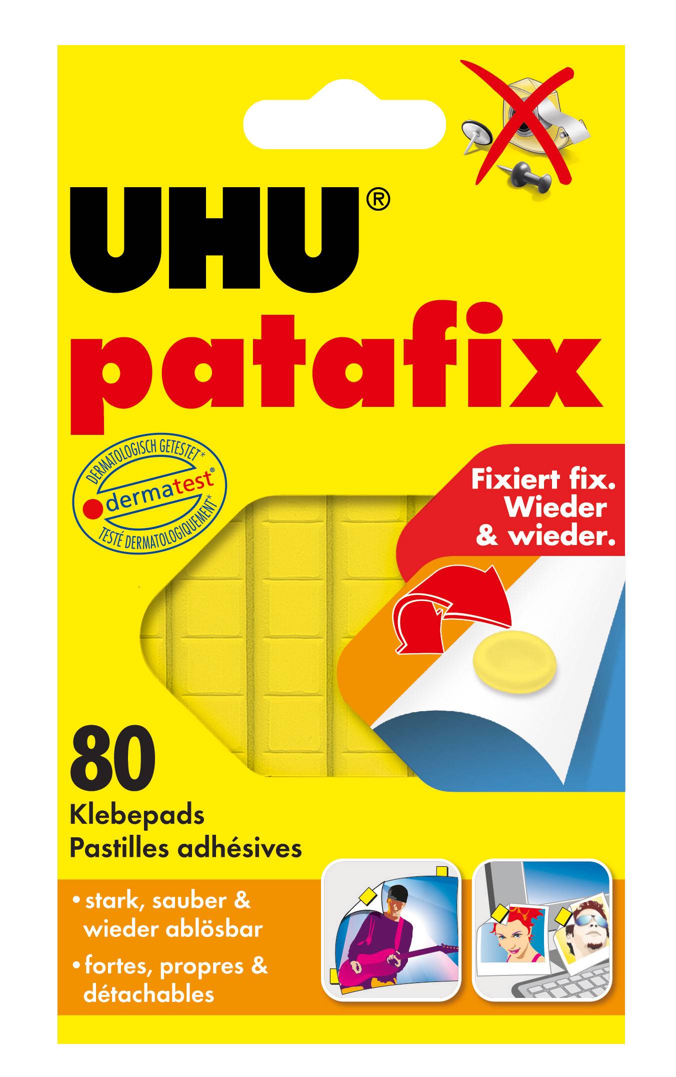 UHU patafix: Klebepads, 80 Stück. Fixiert wieder und wieder. Dermatest geprüft.